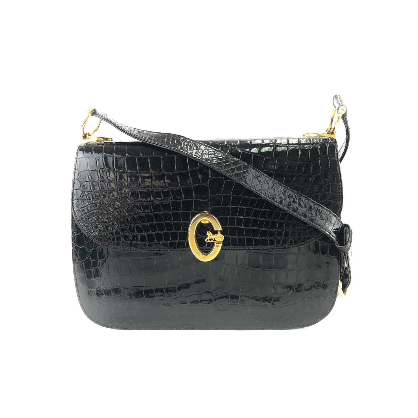 CELINE C logo Horse carriage Crocodile embossed leather Shoulder bag Black Old CELINE vintage 6tmne2