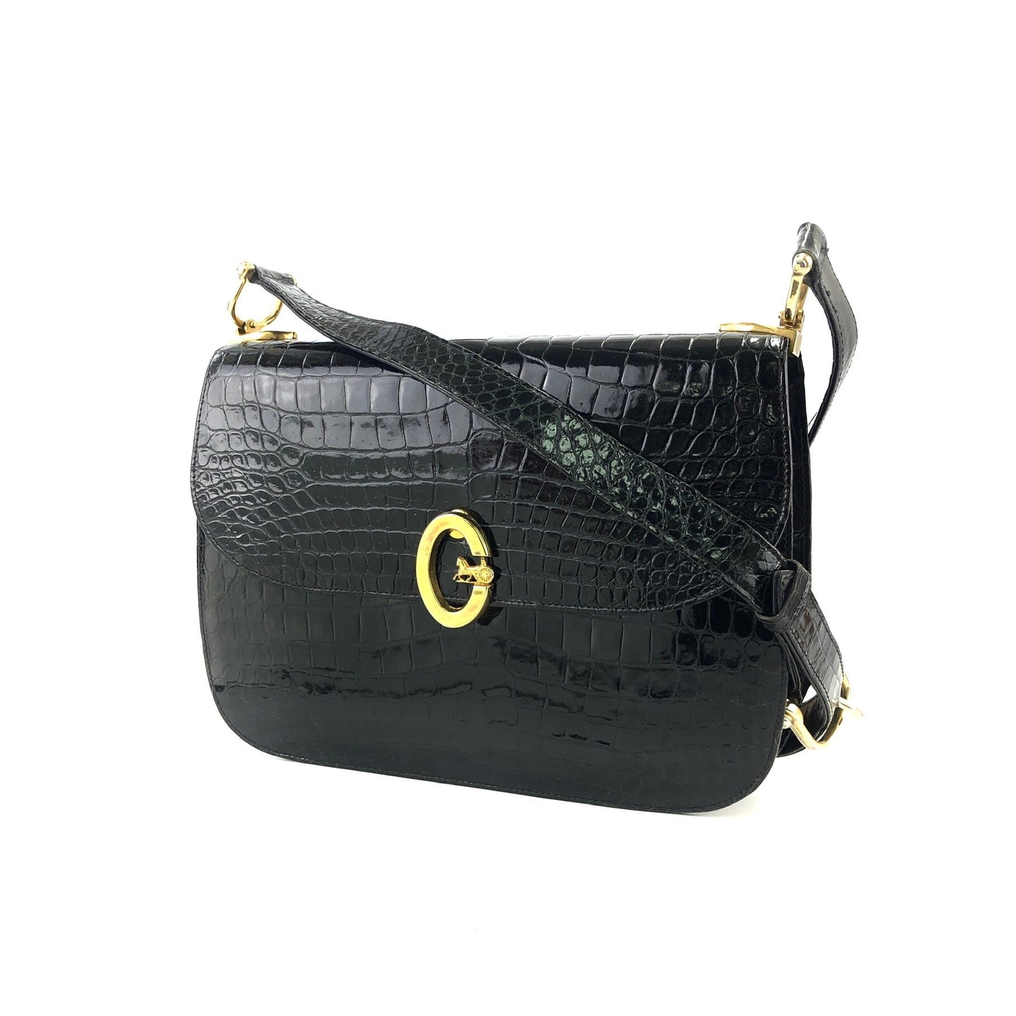 CELINE C logo Horse carriage Crocodile embossed leather Shoulder bag Black Old CELINE vintage 6tmne2