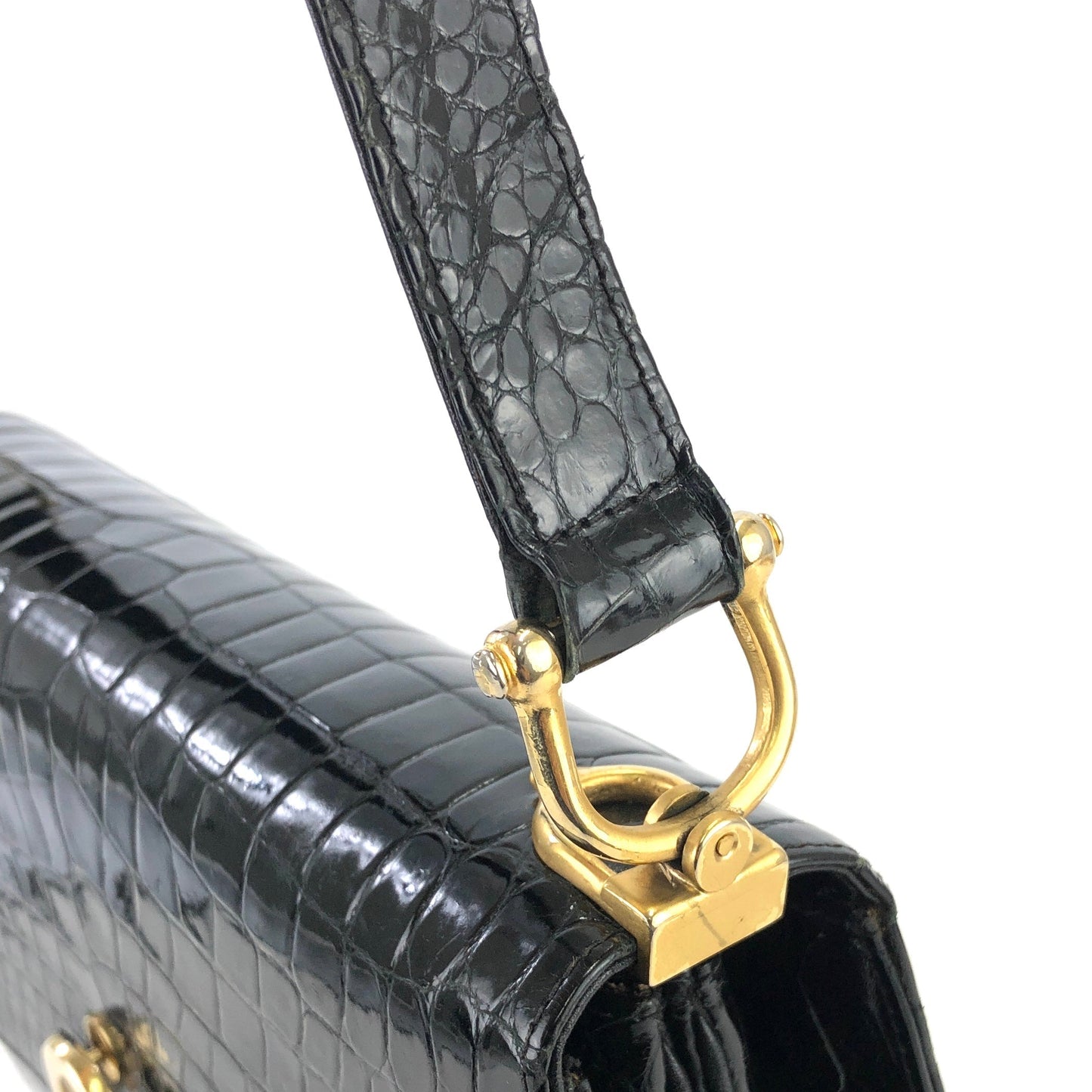 CELINE C logo Horse carriage Crocodile embossed leather Shoulder bag Black Old CELINE vintage 6tmne2