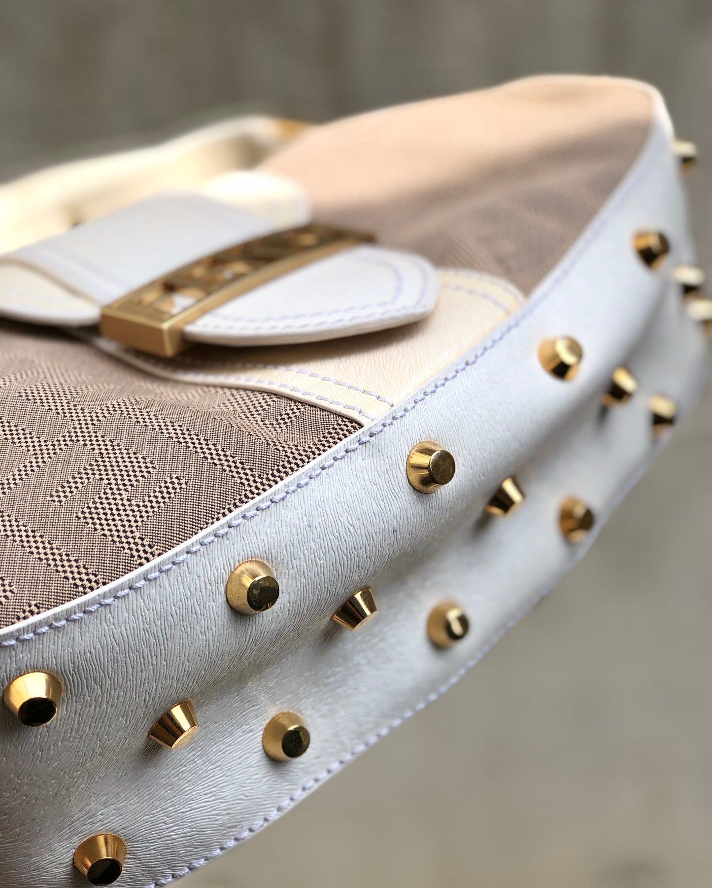 FENDI canvas leather studs mini bag handbag beige white vintage old 26xjgj