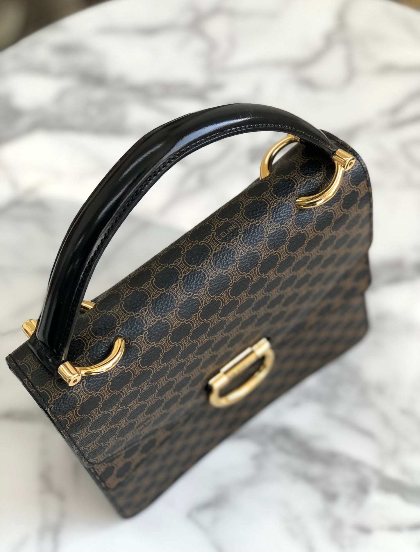 CELINE Macadam Gancini Double flap Tophandle Handbag Black Vintage Old CELINE wk3uhd
