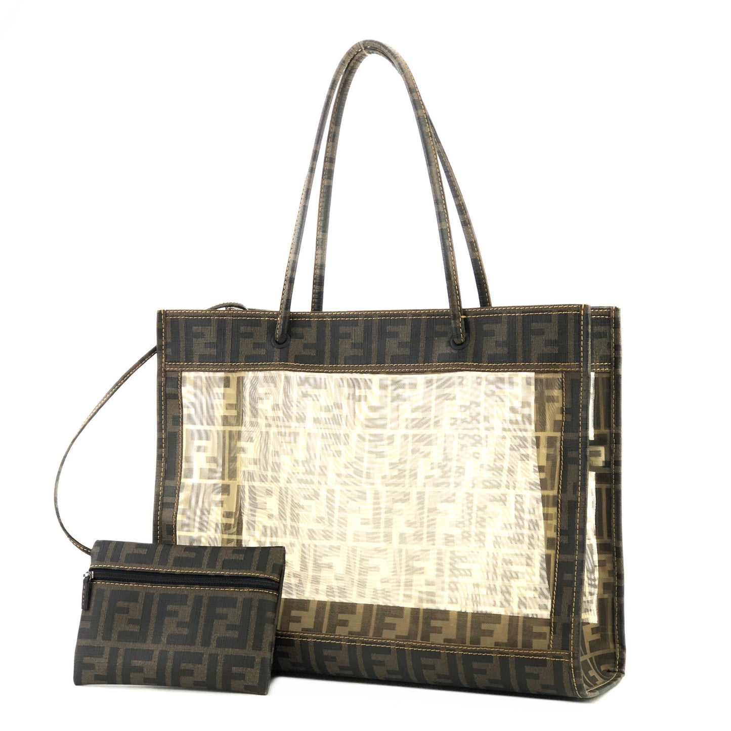 FENDI Zucca handbag tote bag square mesh pvc brown old vintage zemssz