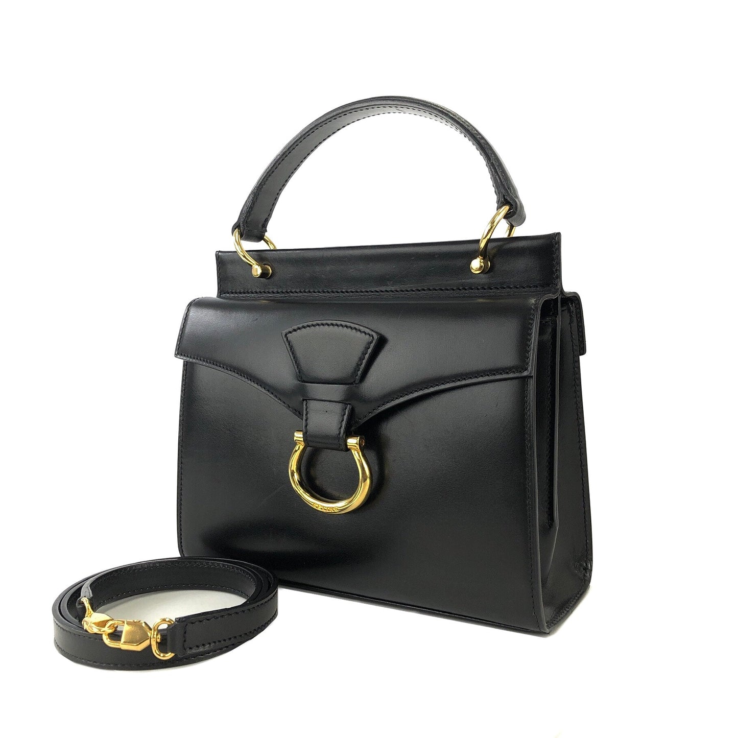 CELINE Horsebit Double face Handbag Shoulder bag Black Vintage Old Celine ainh7x