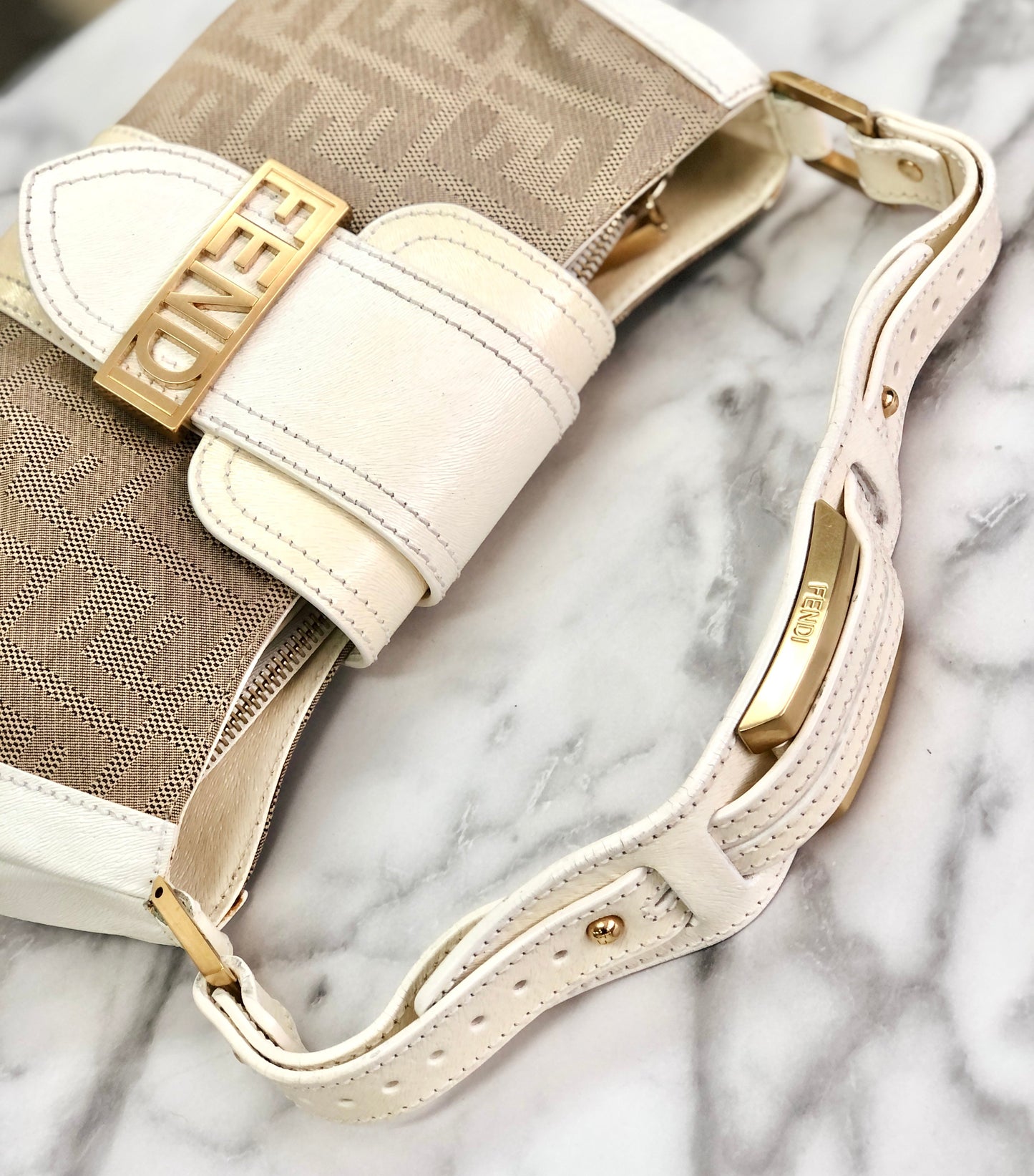 FENDI canvas leather studs mini bag handbag beige white vintage old 26xjgj