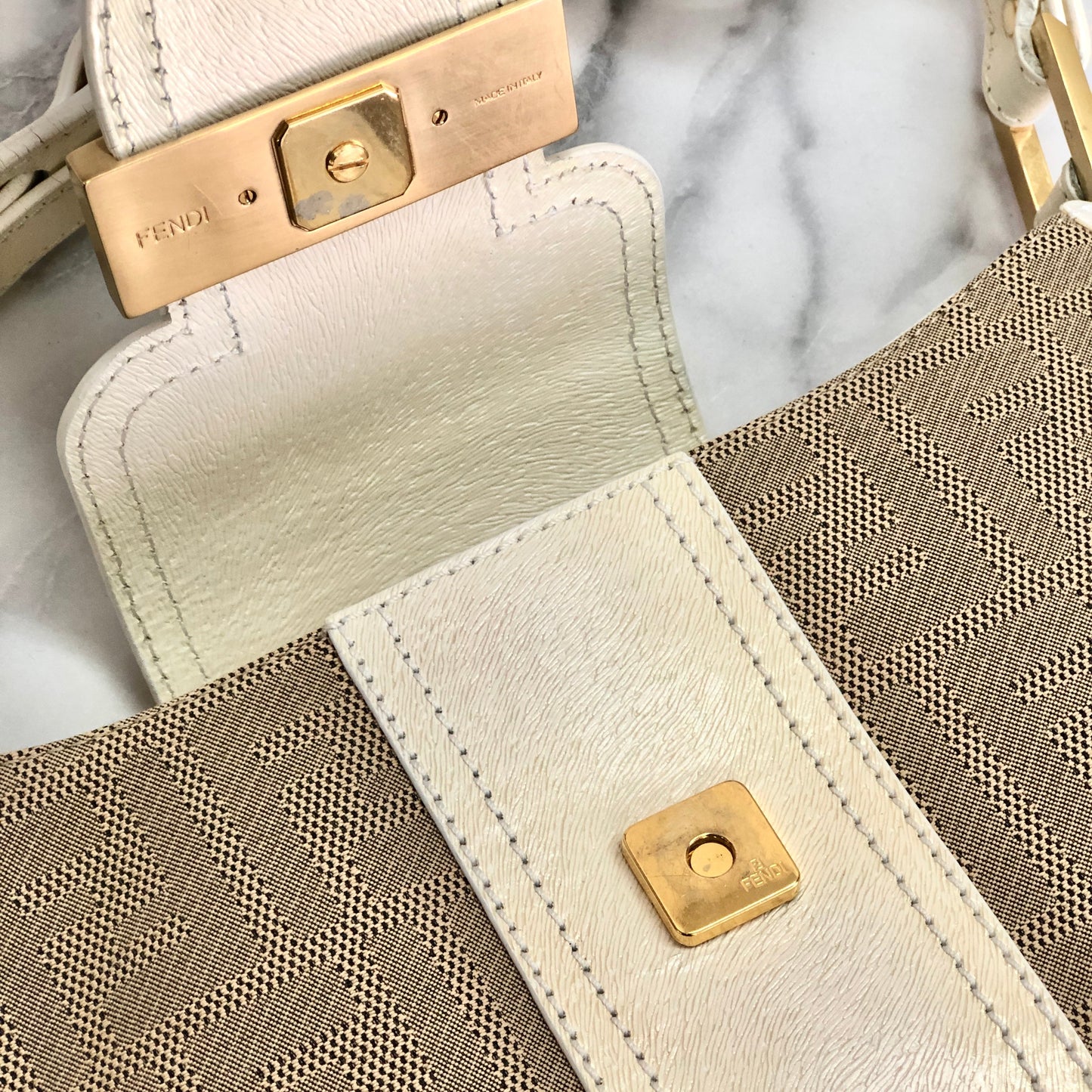 FENDI canvas leather studs mini bag handbag beige white vintage old 26xjgj