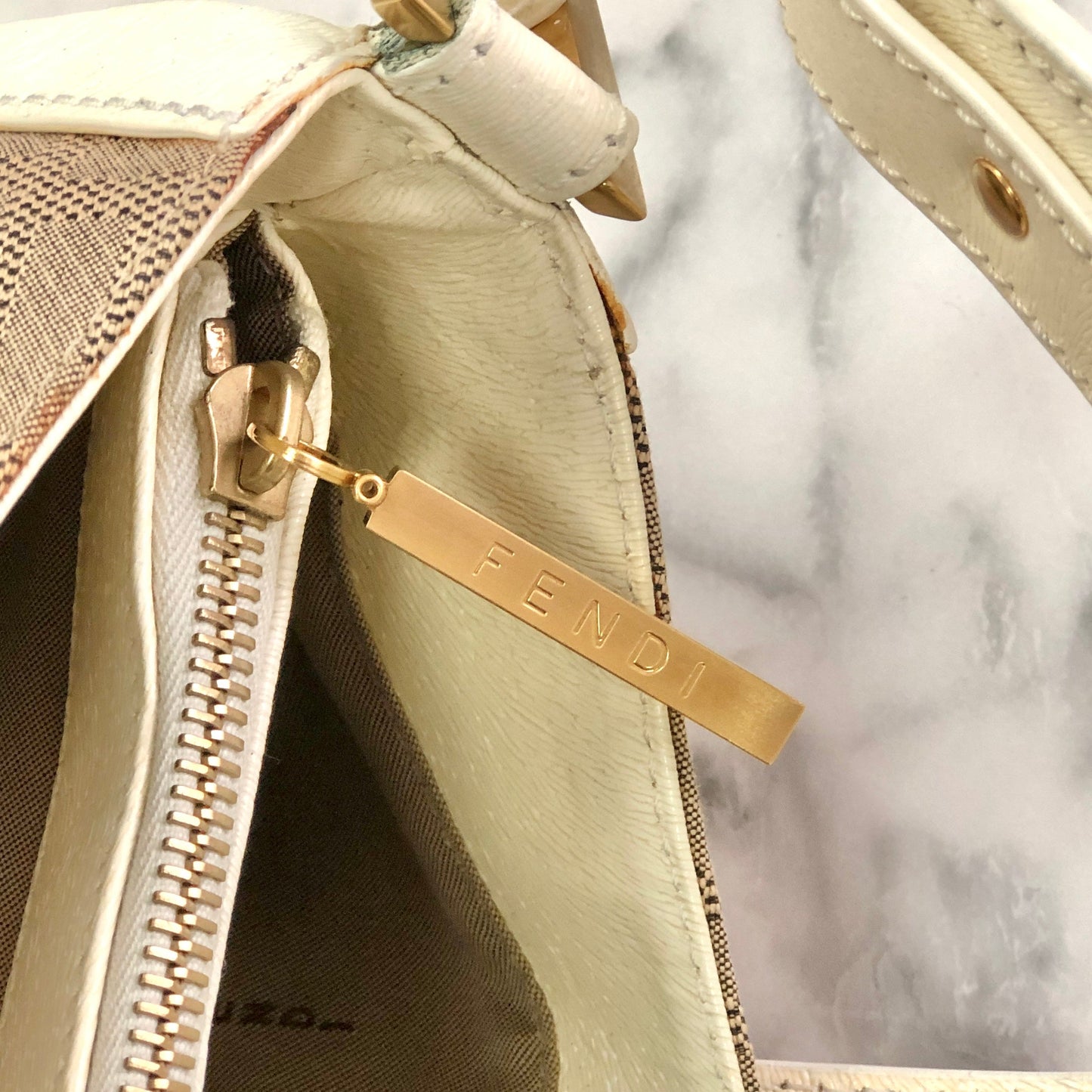 FENDI canvas leather studs mini bag handbag beige white vintage old 26xjgj