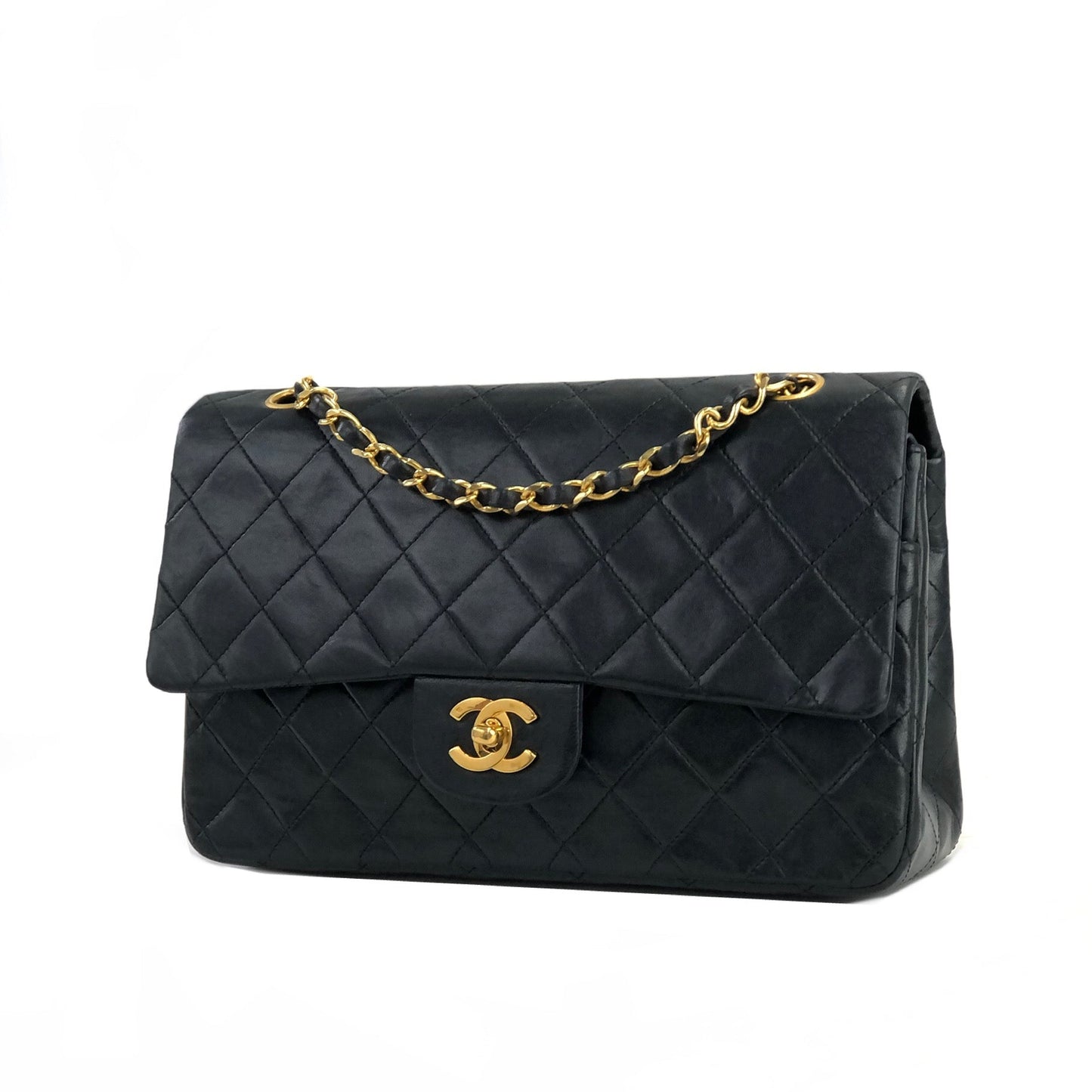 CHANEL Matelasse Coco Turn lock Lambskin Double flap Chain Shoulder bag Black Old Vintage 72dn4p