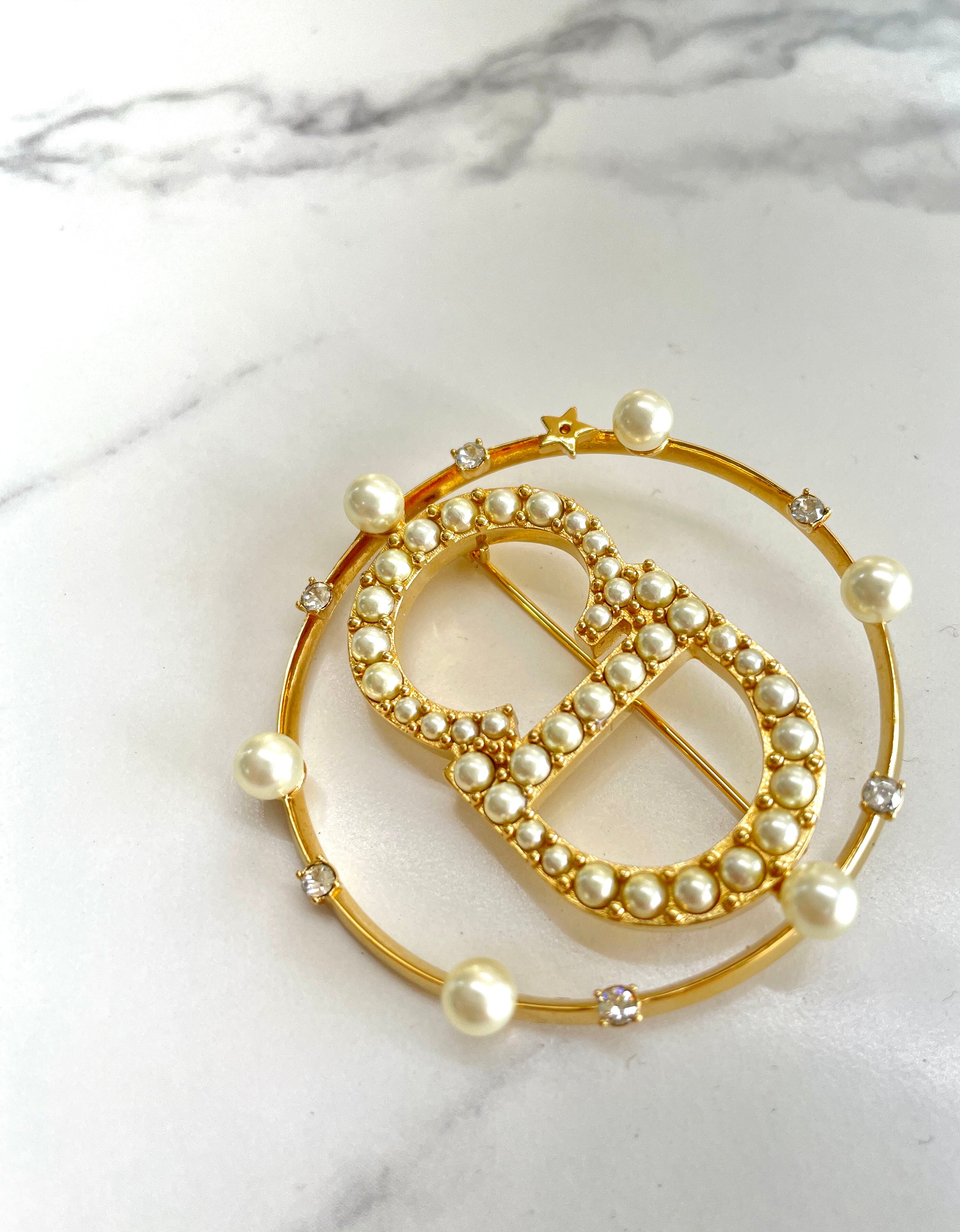 Christian Dior Logo Pearl Stone CLAIR D LUNE Brooch Gold Accessory