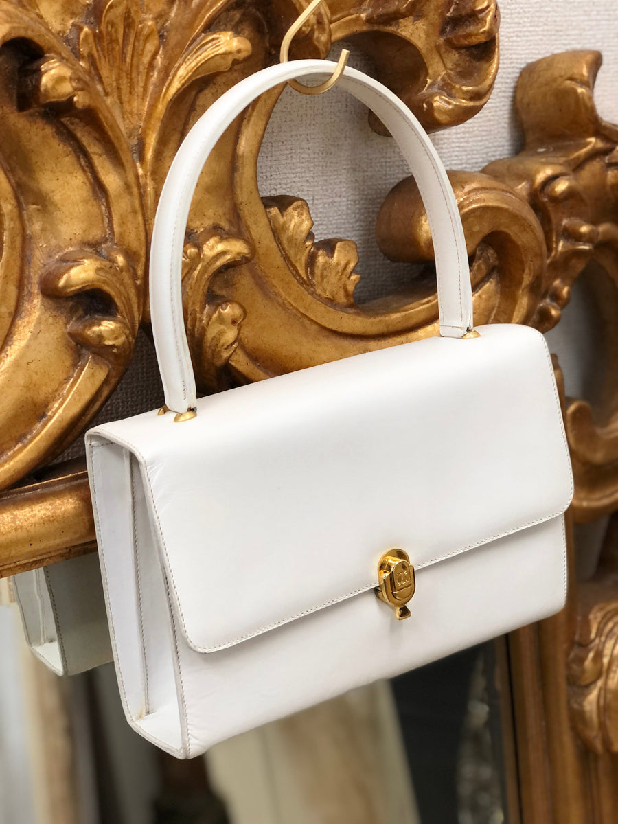 Celine Blason Rock Leather Handbag Top Handle White Vintage Old