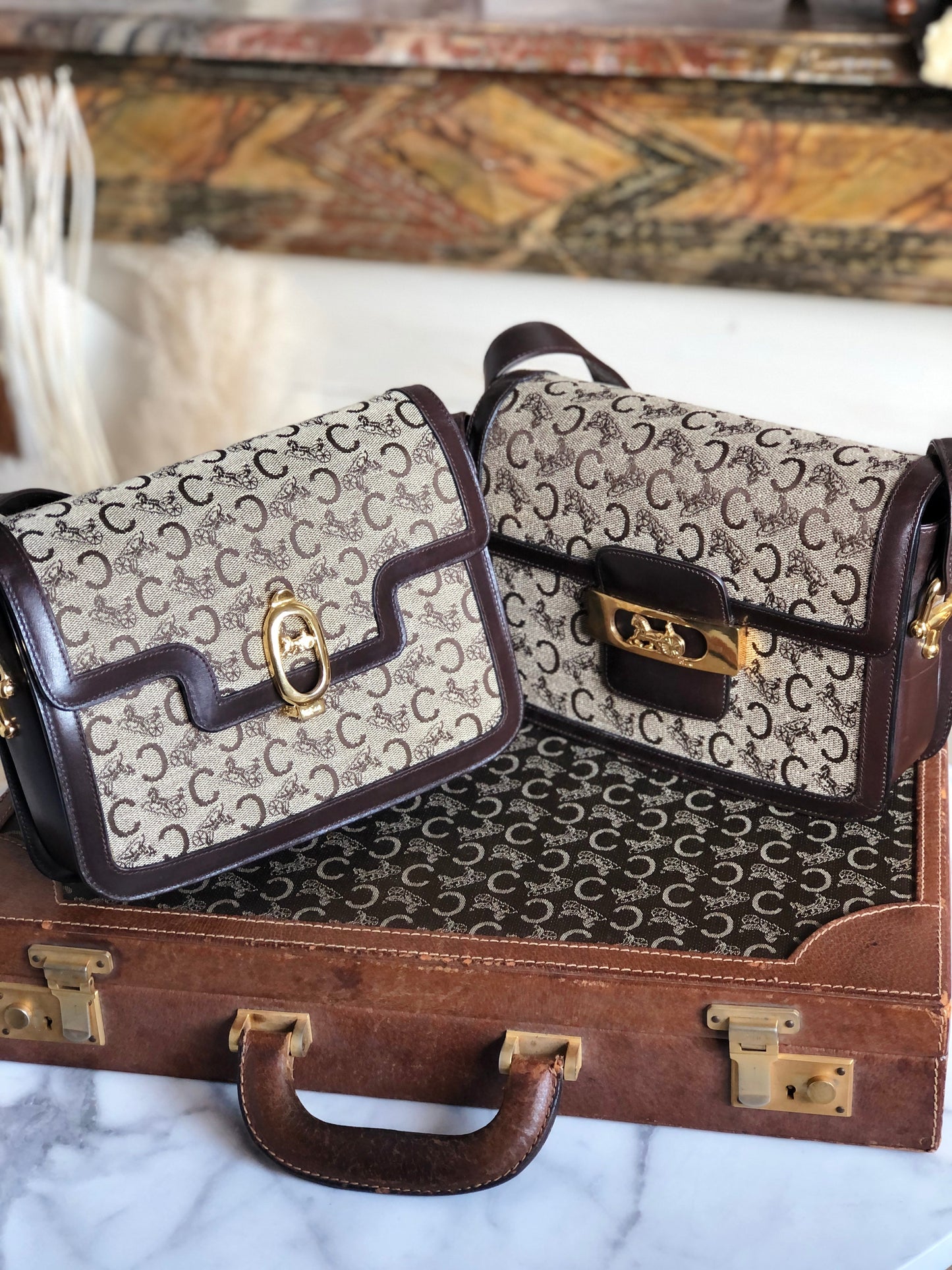 CELINE C Macadam Horse carriage Jacquard Shoulder bag Brown Vintage Old CELINE 5chm38