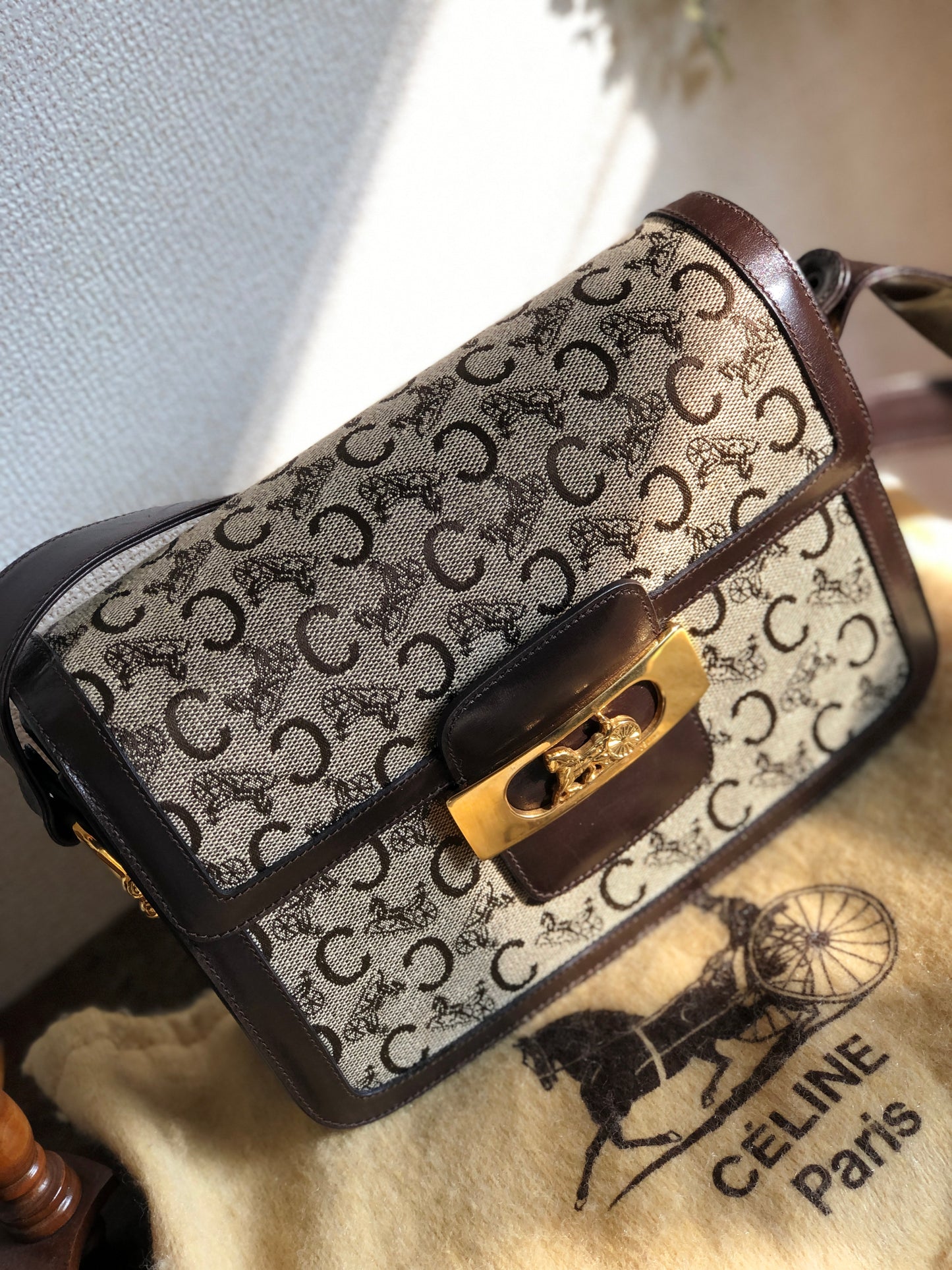 CELINE C Macadam Horse carriage Jacquard Shoulder bag Brown Vintage Old CELINE 5chm38