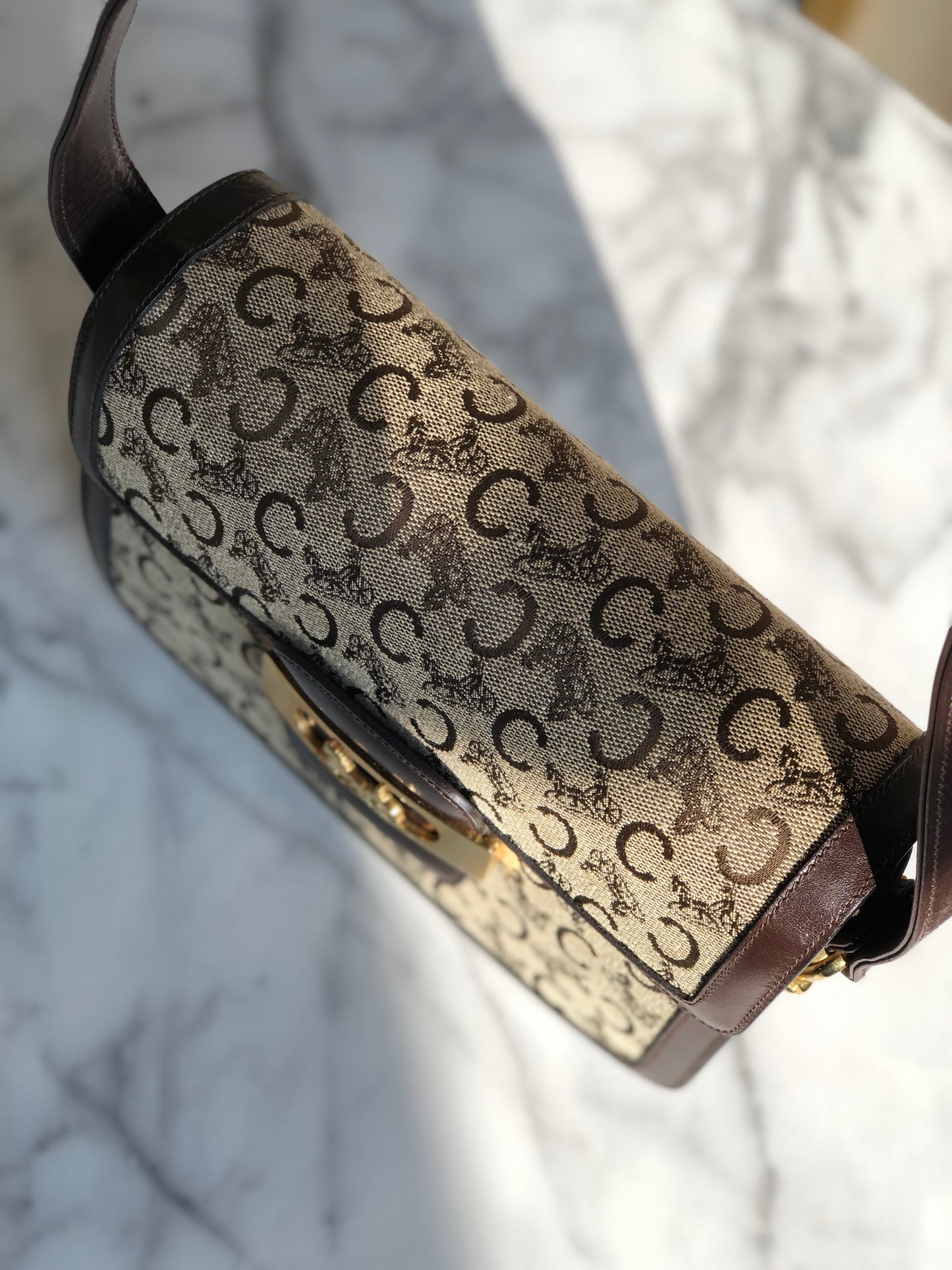 CELINE C Macadam Horse carriage Jacquard Shoulder bag Brown Vintage Old CELINE 5chm38