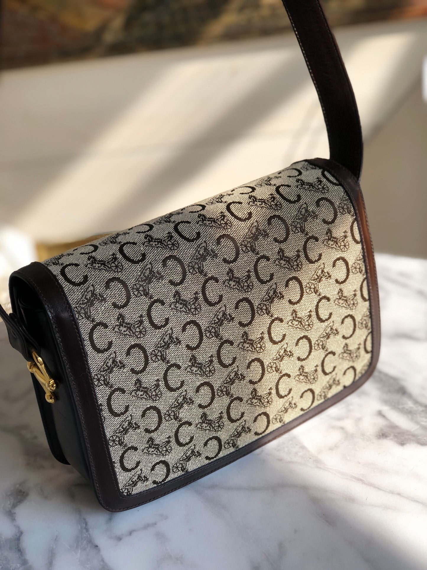 CELINE C Macadam Horse carriage Jacquard Shoulder bag Brown Vintage Old CELINE 5chm38