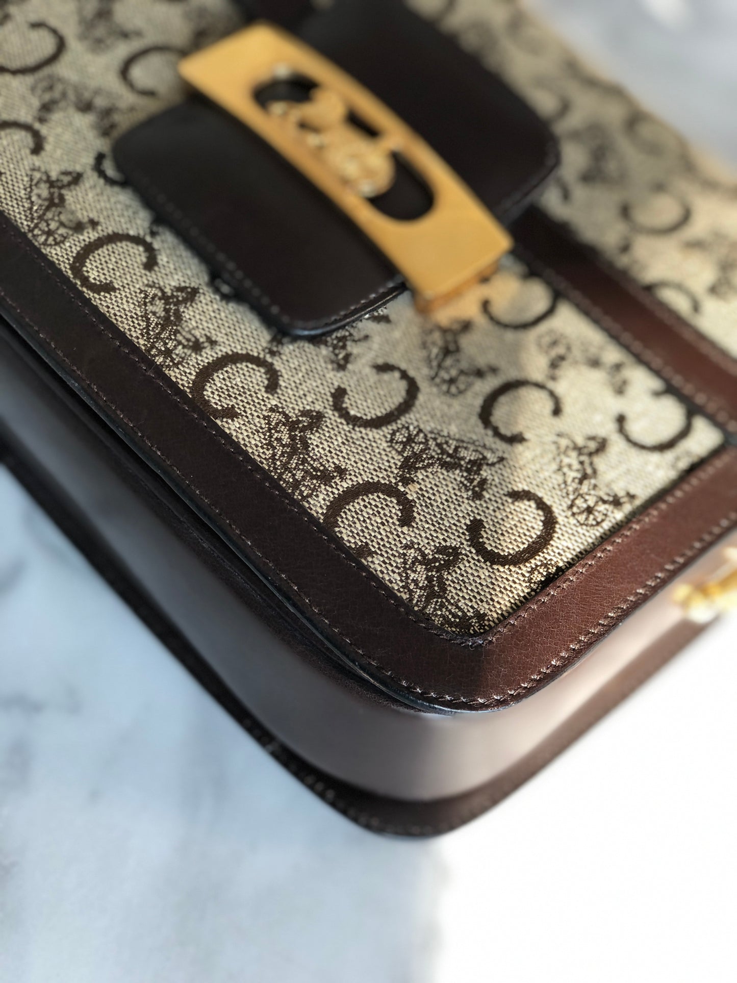 CELINE C Macadam Horse carriage Jacquard Shoulder bag Brown Vintage Old CELINE 5chm38