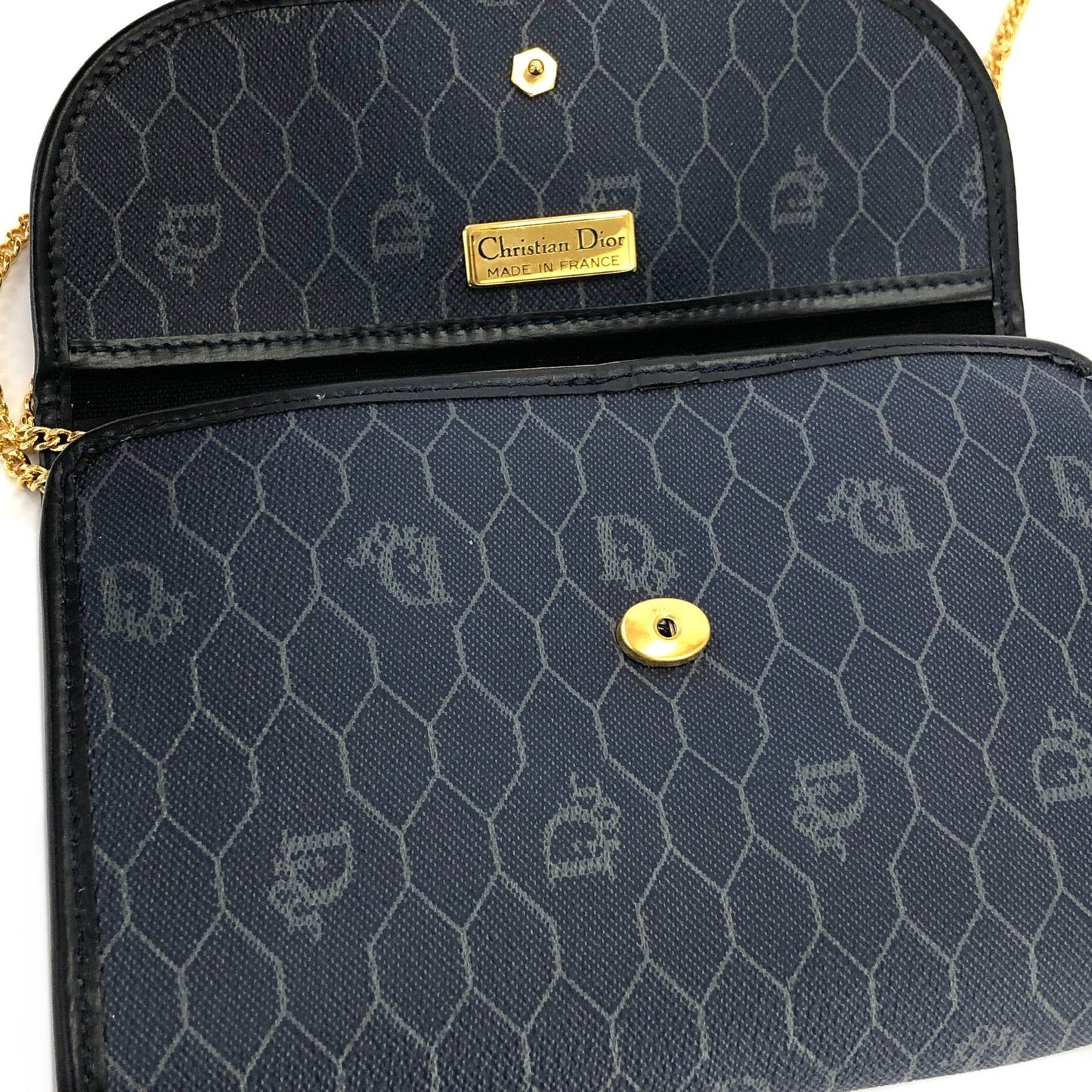 Christian Dior Logo Honeycomb Pattern Chain Crossbody Shoulderbag Navy Vintage Old pza5rt