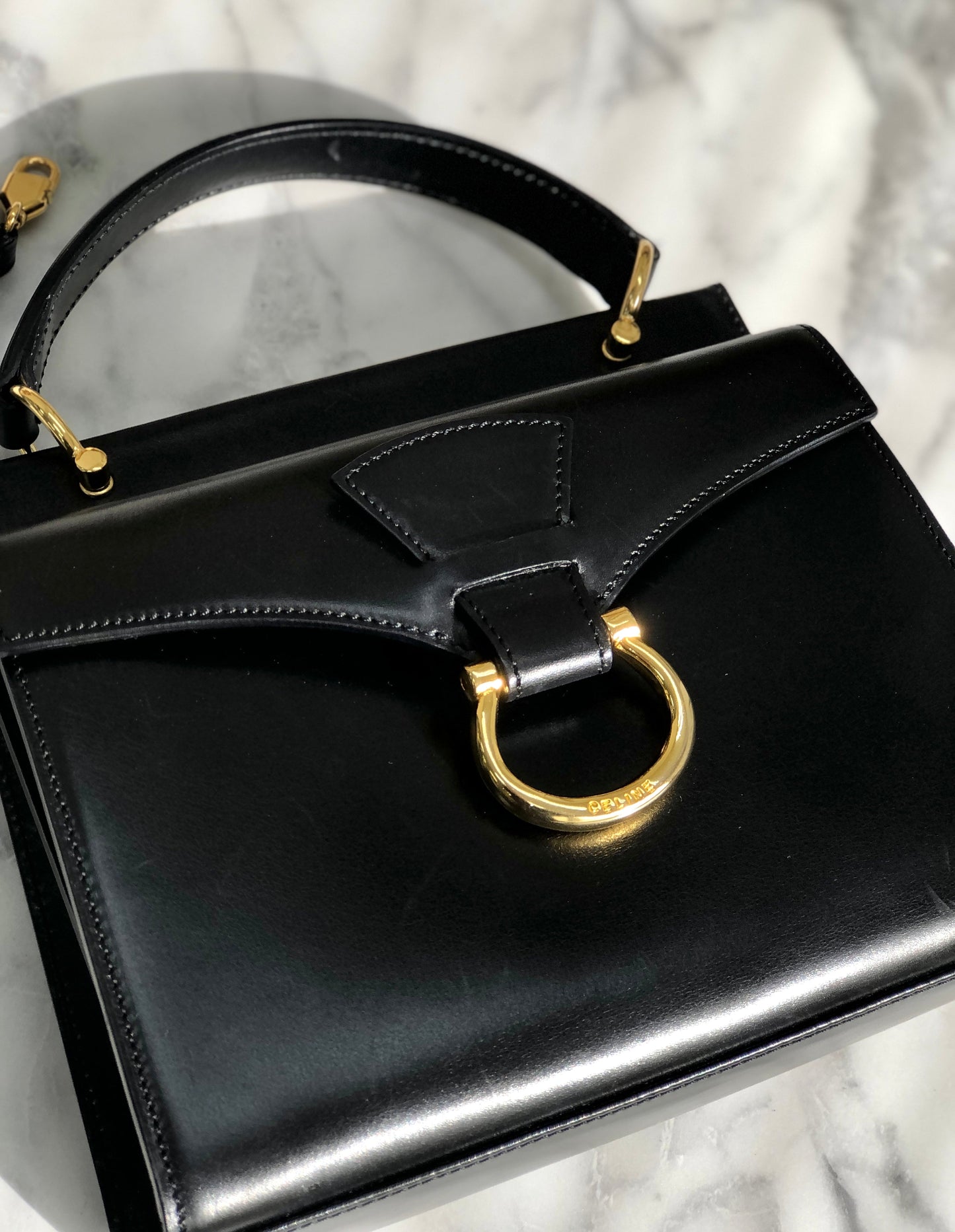 CELINE Horsebit Double face Handbag Shoulder bag Black Vintage Old Celine ainh7x