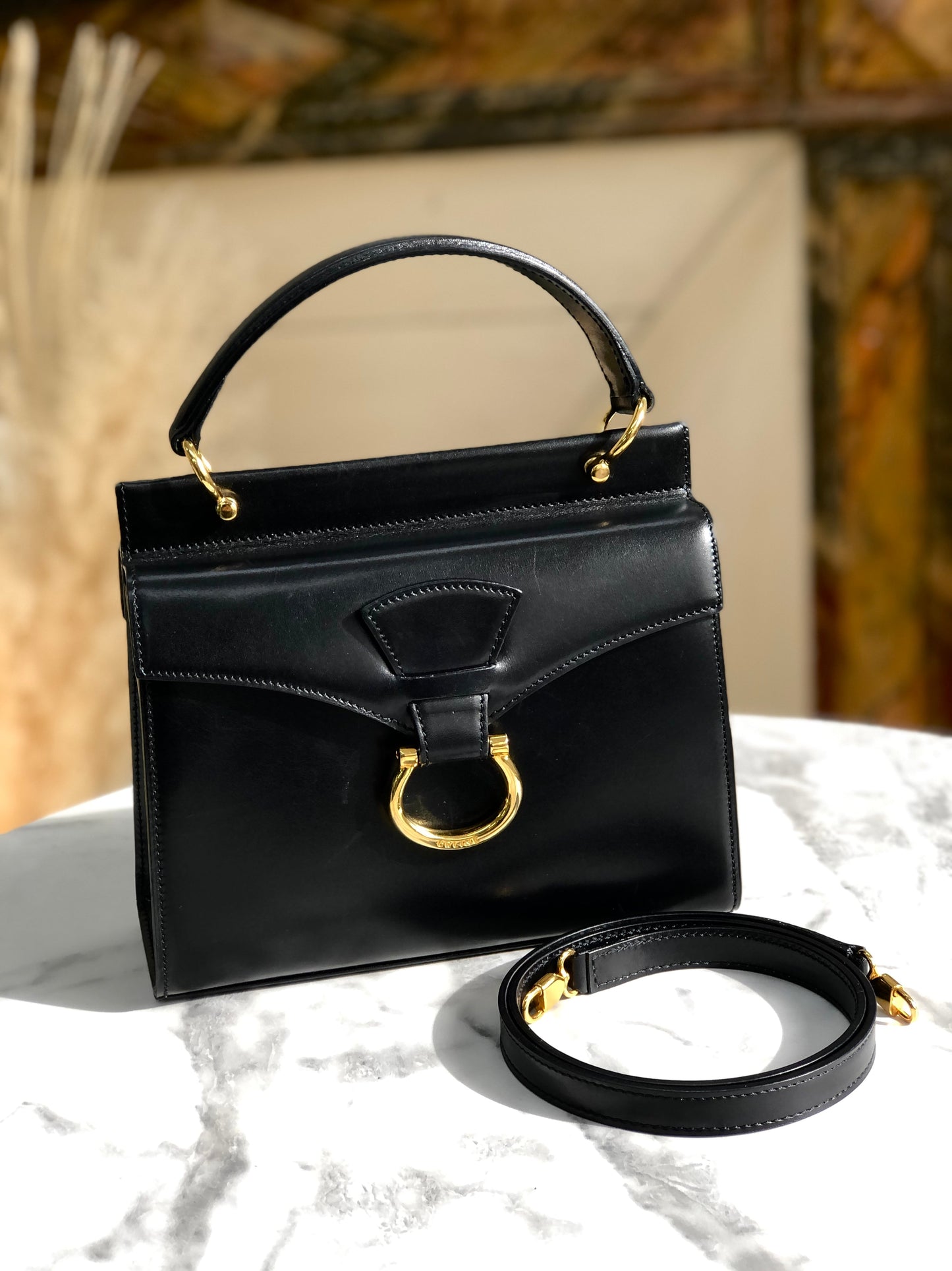 CELINE Horsebit Double face Handbag Shoulder bag Black Vintage Old Celine ainh7x