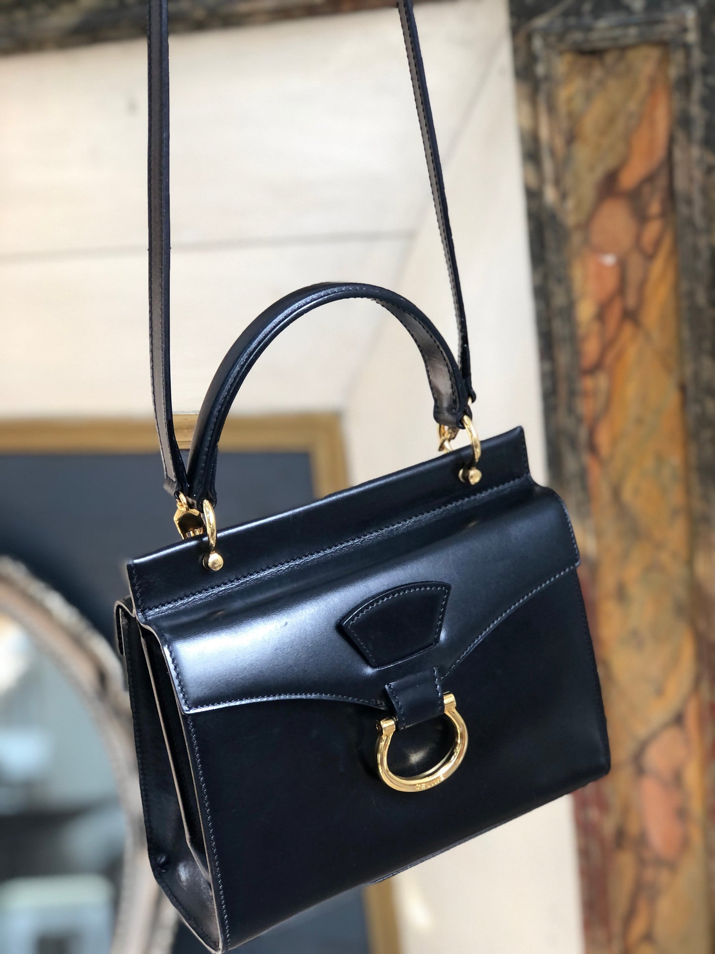 CELINE Horsebit Double face Handbag Shoulder bag Black Vintage Old Celine ainh7x