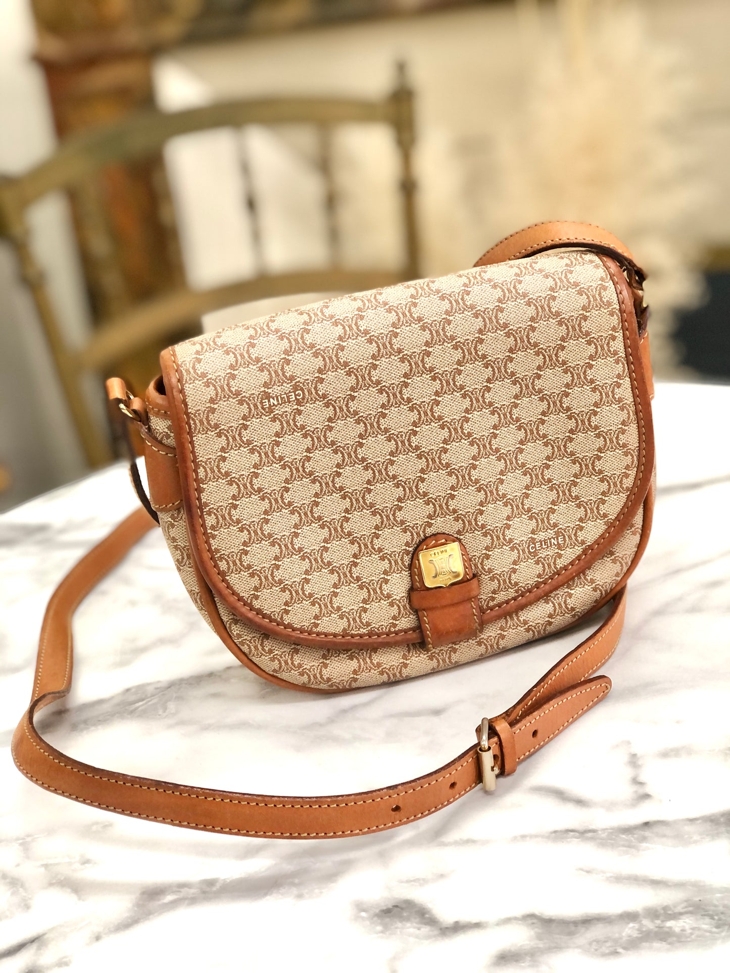 CELINE Macadam Blason 翻蓋斜背包迷你肩背包米色復古舊 Celine 3mrfgw