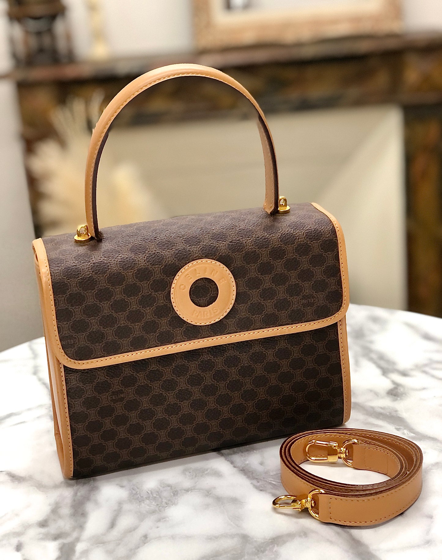 CELINE Macadam Circle logo Handbag Shoulder bag Brown Vintage Old CELINE nppexi