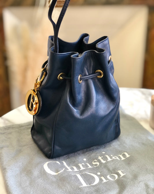 Christian Dior 抽繩吊飾迷你手提包 海軍藍 復古 舊款 yruy88