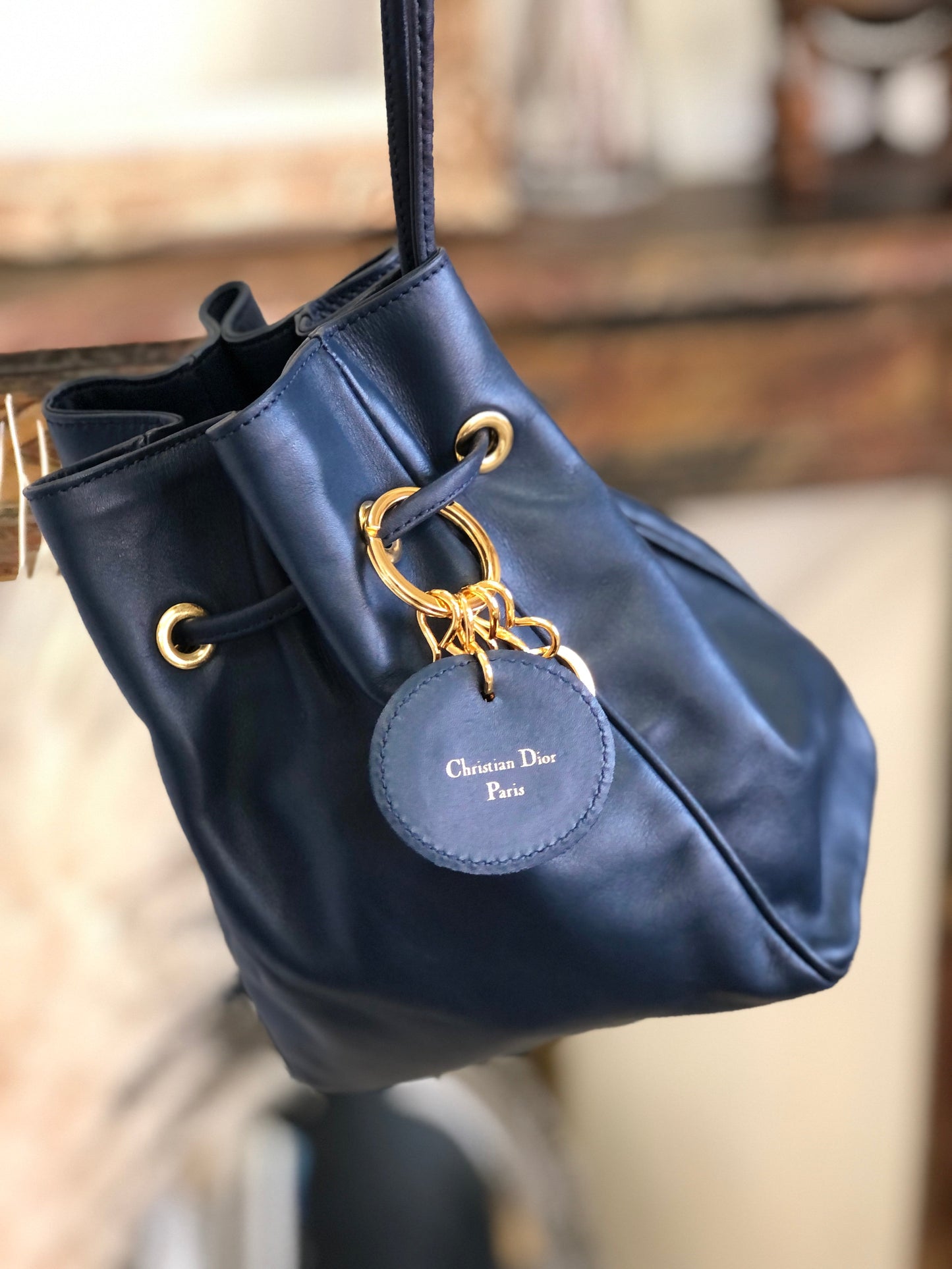 Christian Dior Drawstring Charm Mini Handbag Navy Vintage Old yruy88
