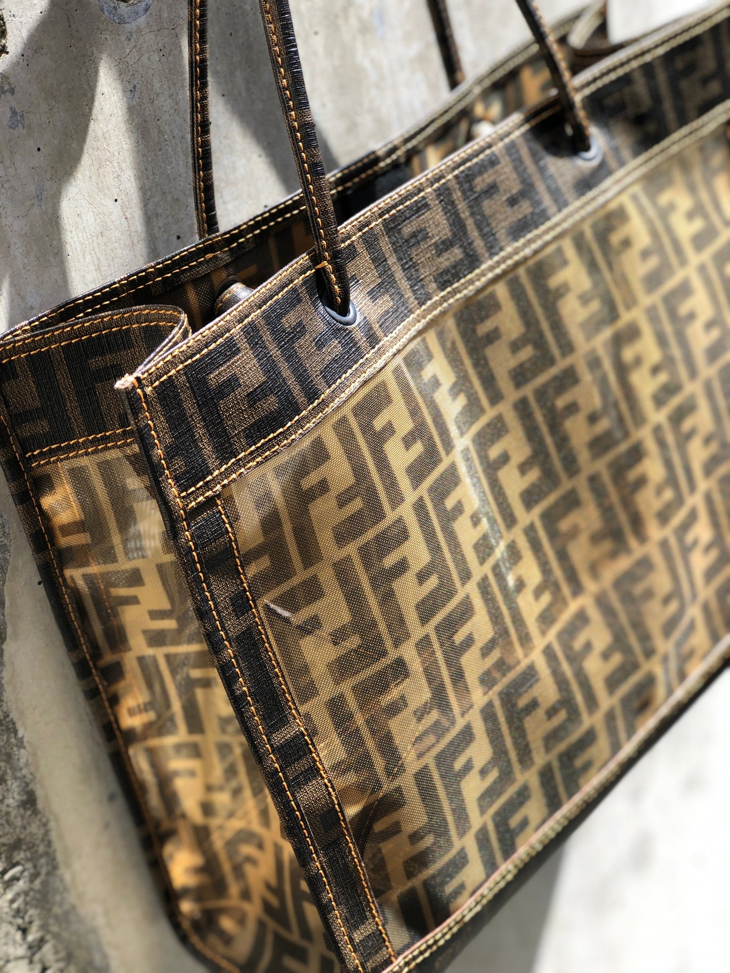 FENDI Zucca handbag tote bag square mesh pvc brown old vintage zemssz