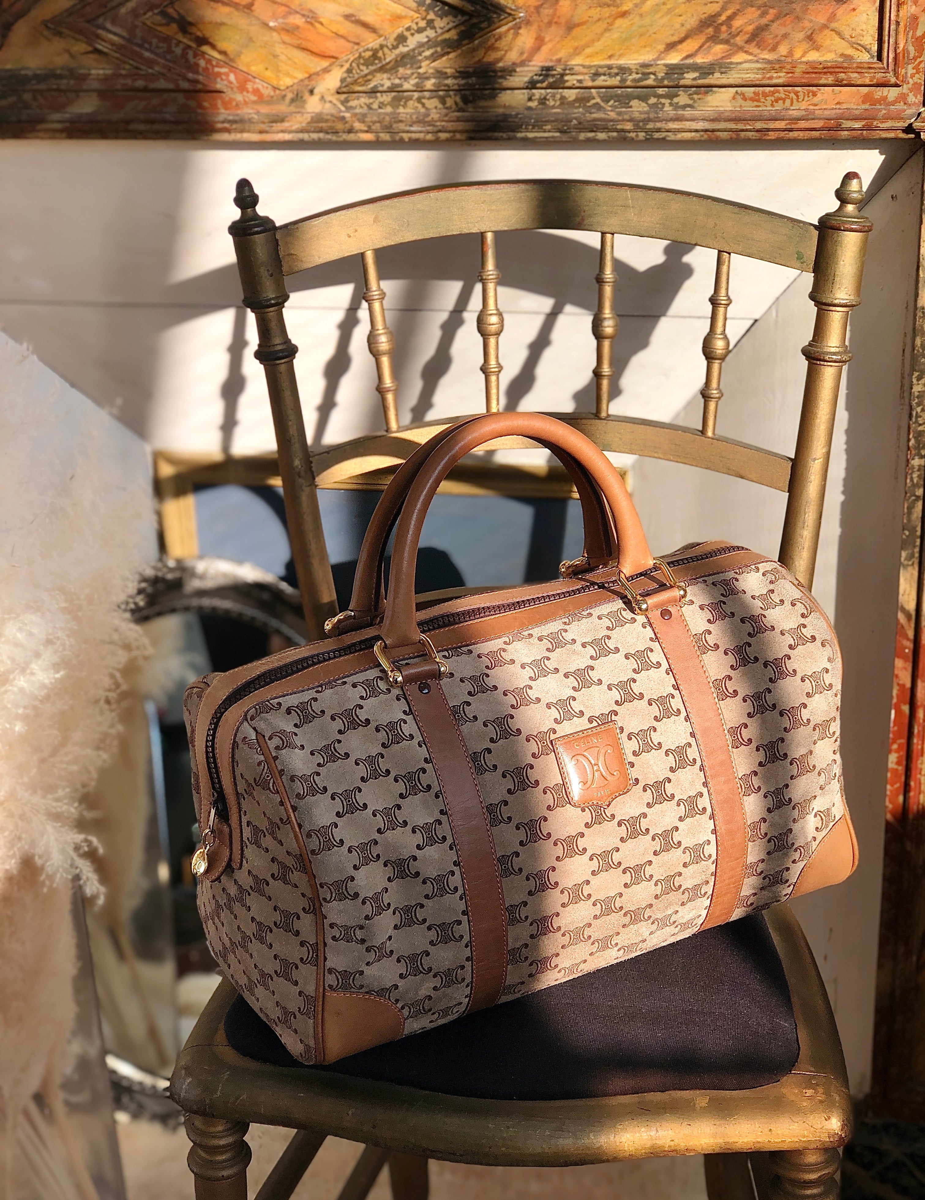 CELINE Blason pattern Suede Handbag Bostonbag Beige Vintage Old Celine