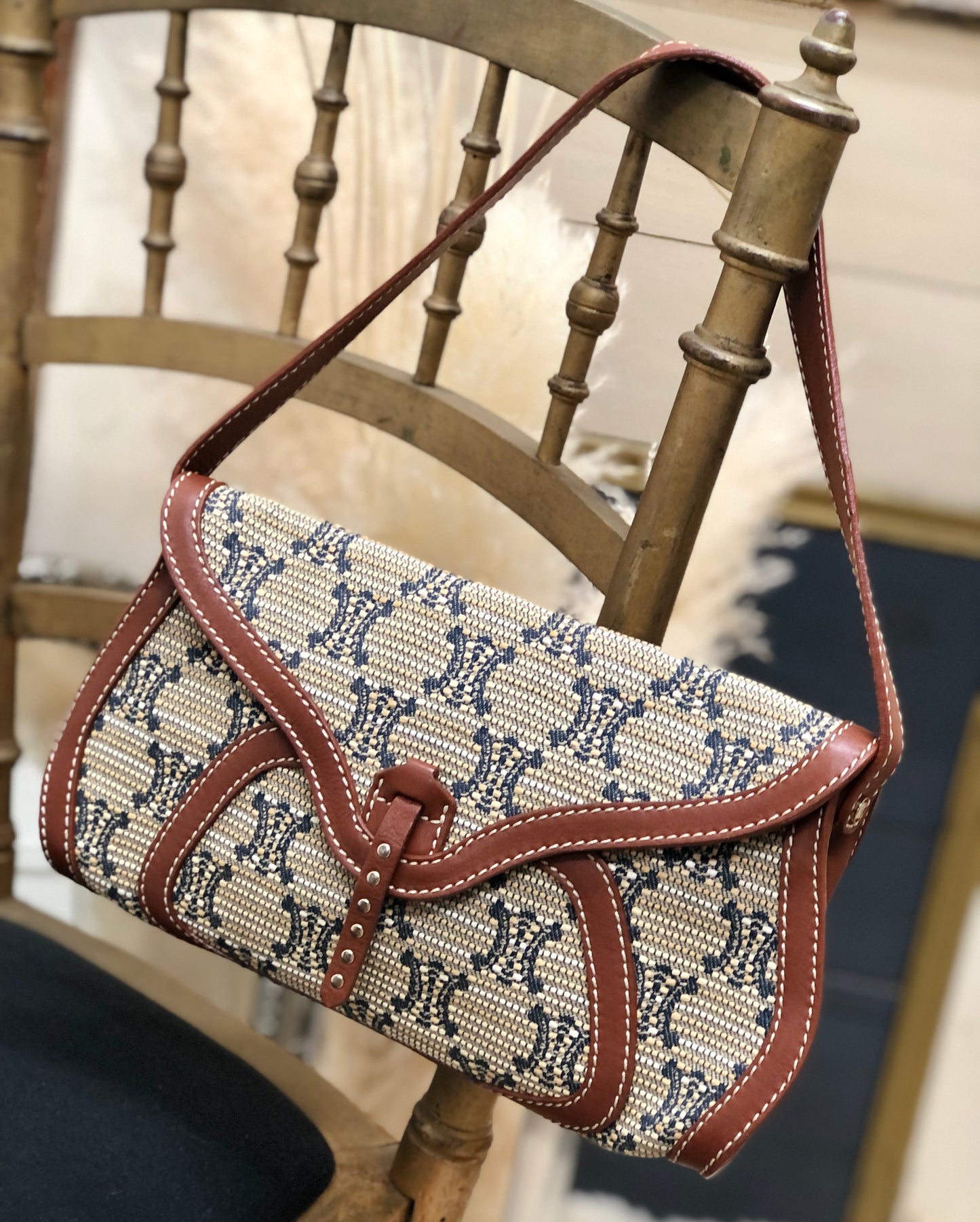 CELINE Triomphe pattern Hobobag Handbag Beige Vintage Old CELINE gctpmy