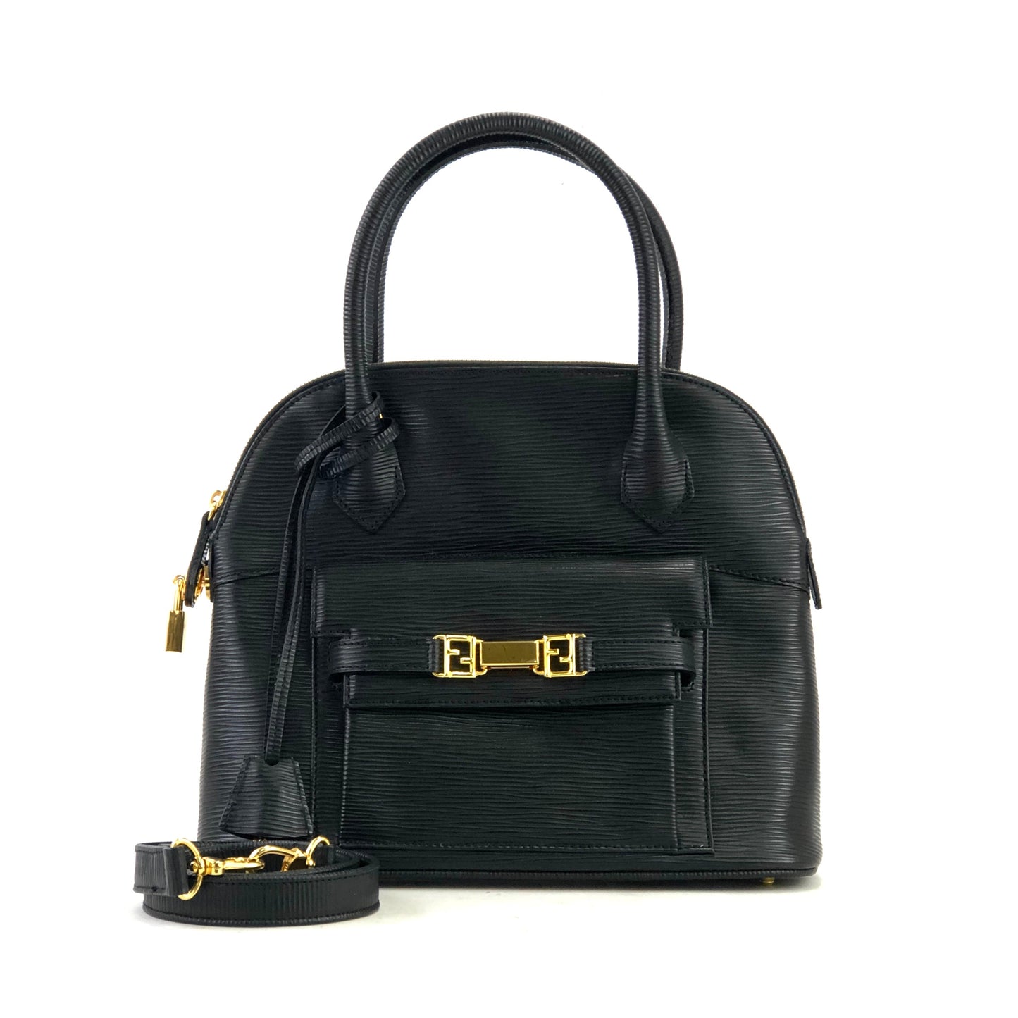 FENDI 皮革壓花兩用手提包單肩包黑色復古舊款 6a3xwu