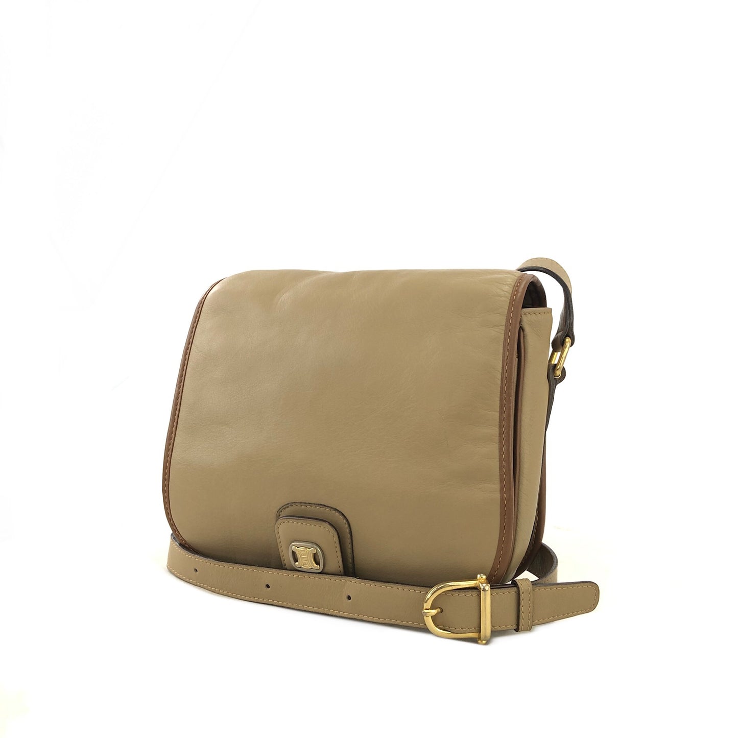 CELINE Triomphe Brown Piping Flap Leather Crossbody Shoulder bag Beige Vintage i8vt8s