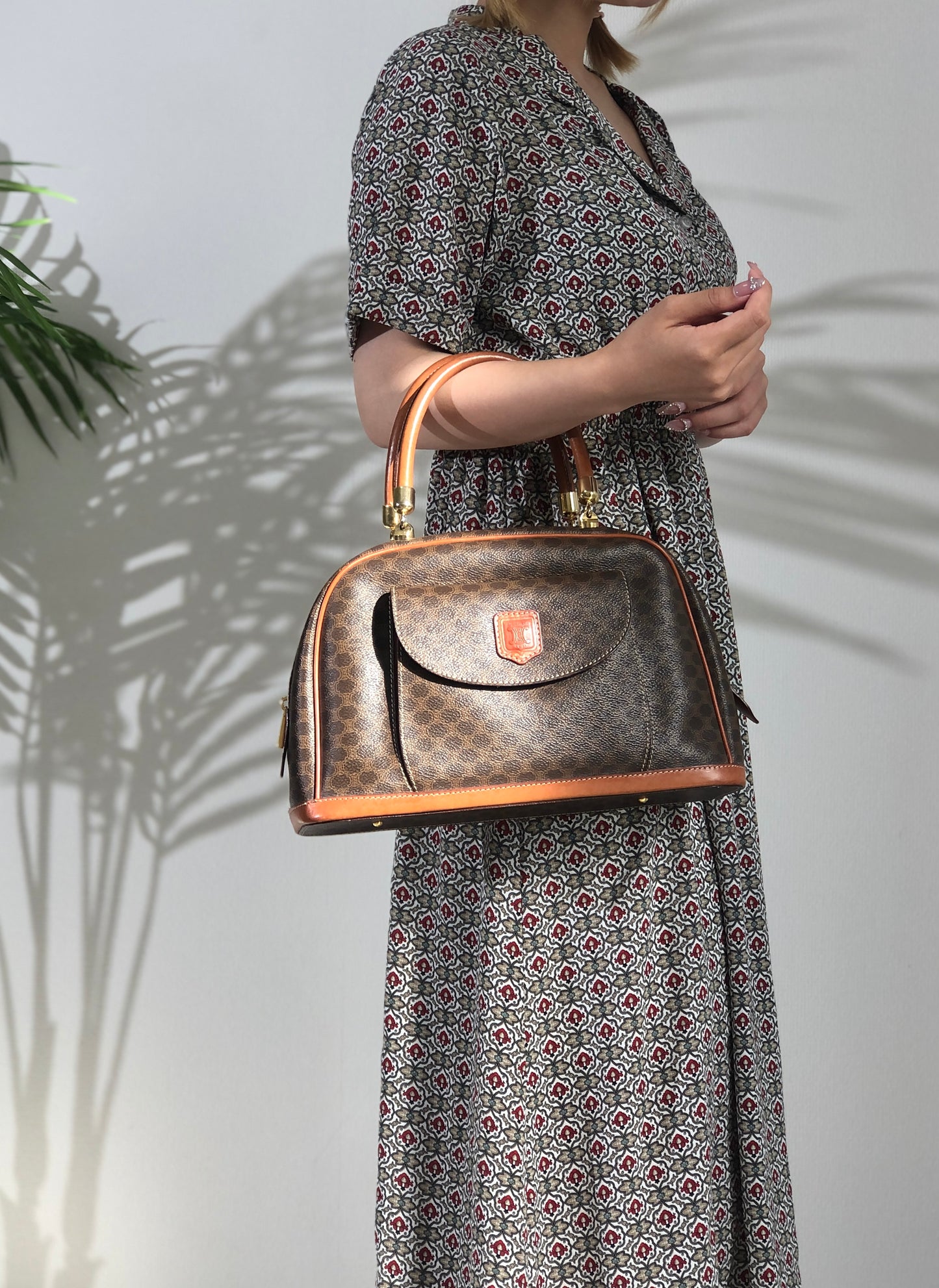 CELINE Macadam Blason Half Round Handbag Brown Vintage kdbz26