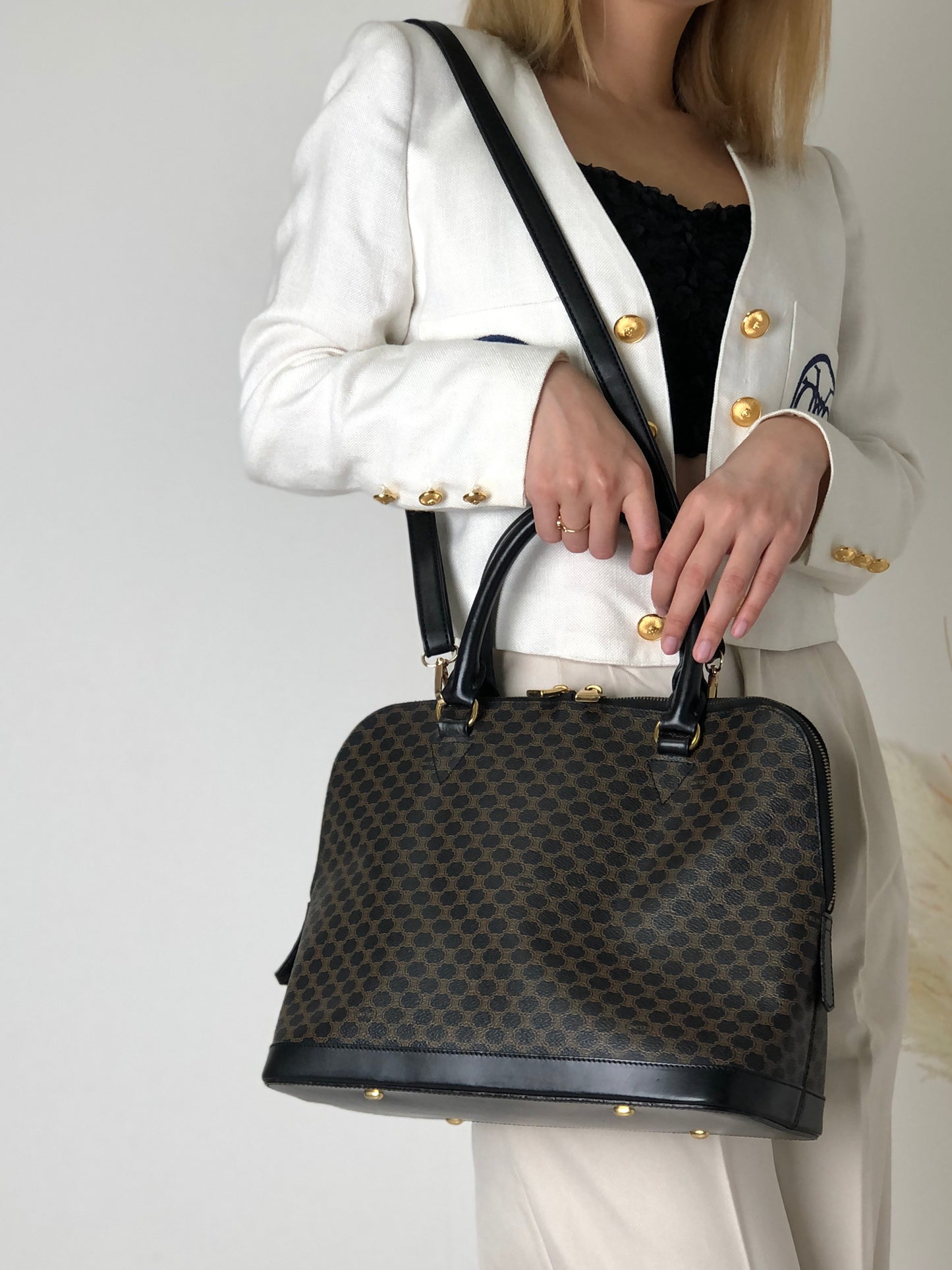 CELINE Macadam Bugatti Leather Two-way Handbag Shoulder bag Black Vintage 2wzg33