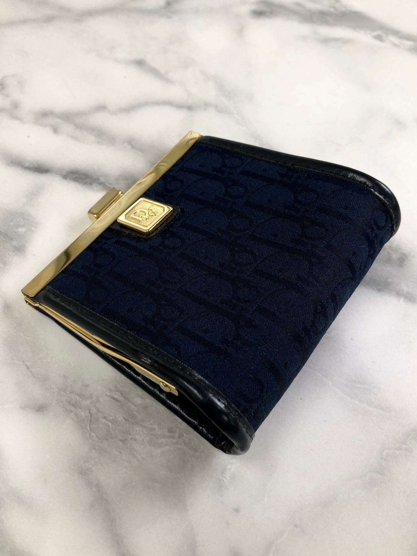 Christian Dior Trotter 標誌提花皮革金屬扣零錢包海軍藍復古 pjbgby