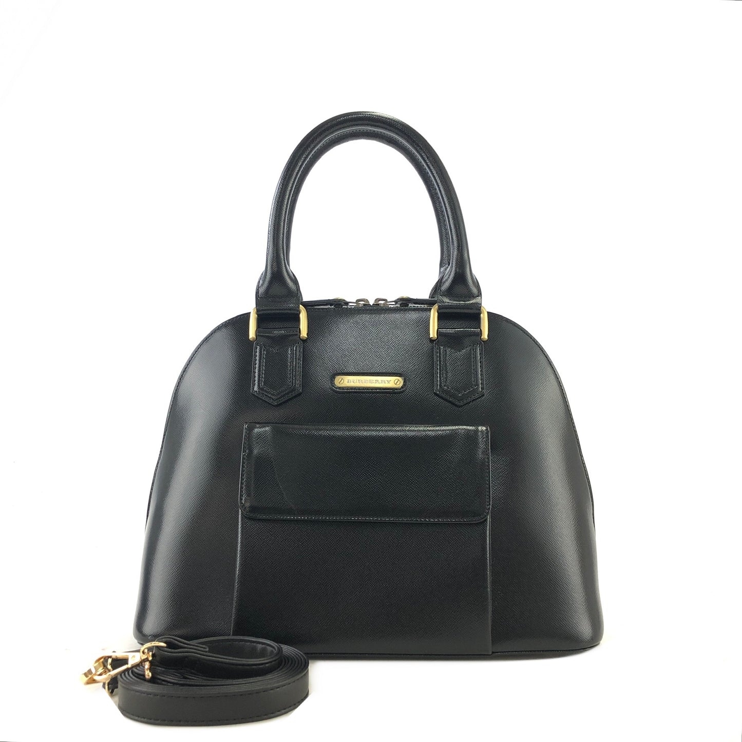 Burberry Classic Check Logo Motif Leather Handbag Black Vintage ut233m
