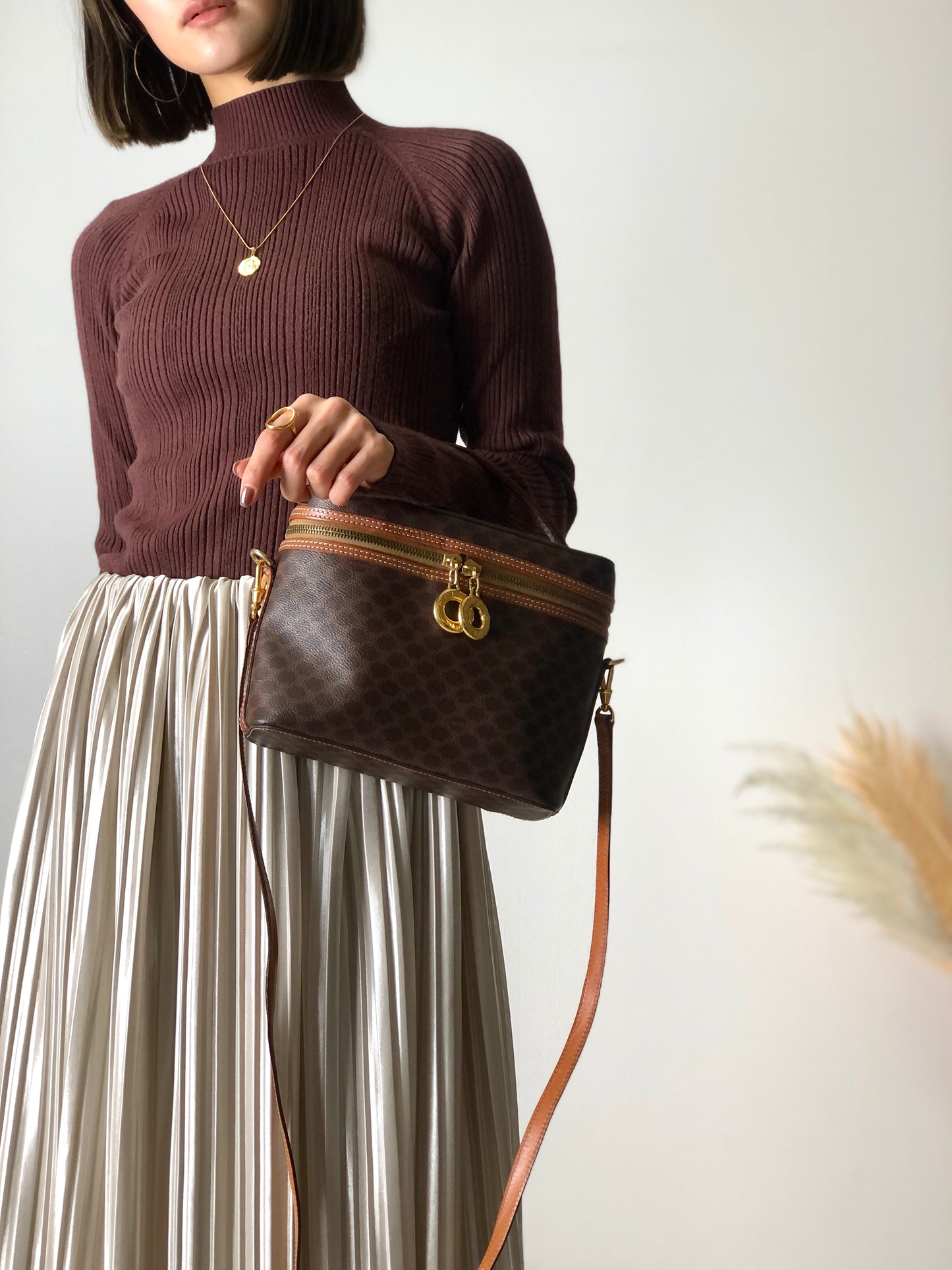 CELINE Macadam Circle Charm PVC Leather Two-way Handbag Shoulder bag Vanity bag Brown Vintage x573bx