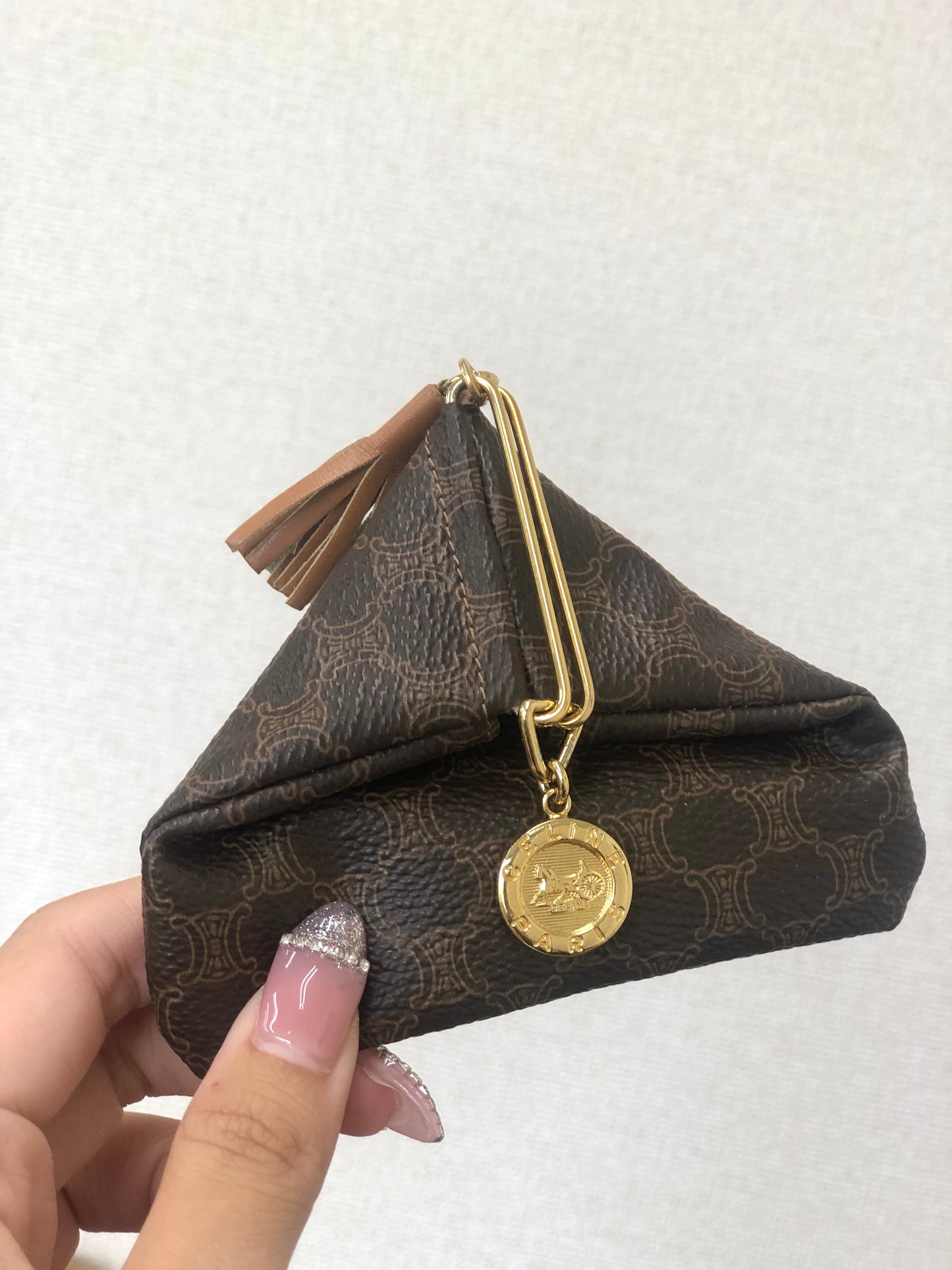 CELINE Macadam Horse Carriage Tassel Triangle Coin Purse Brown Vintage 5bxb5w