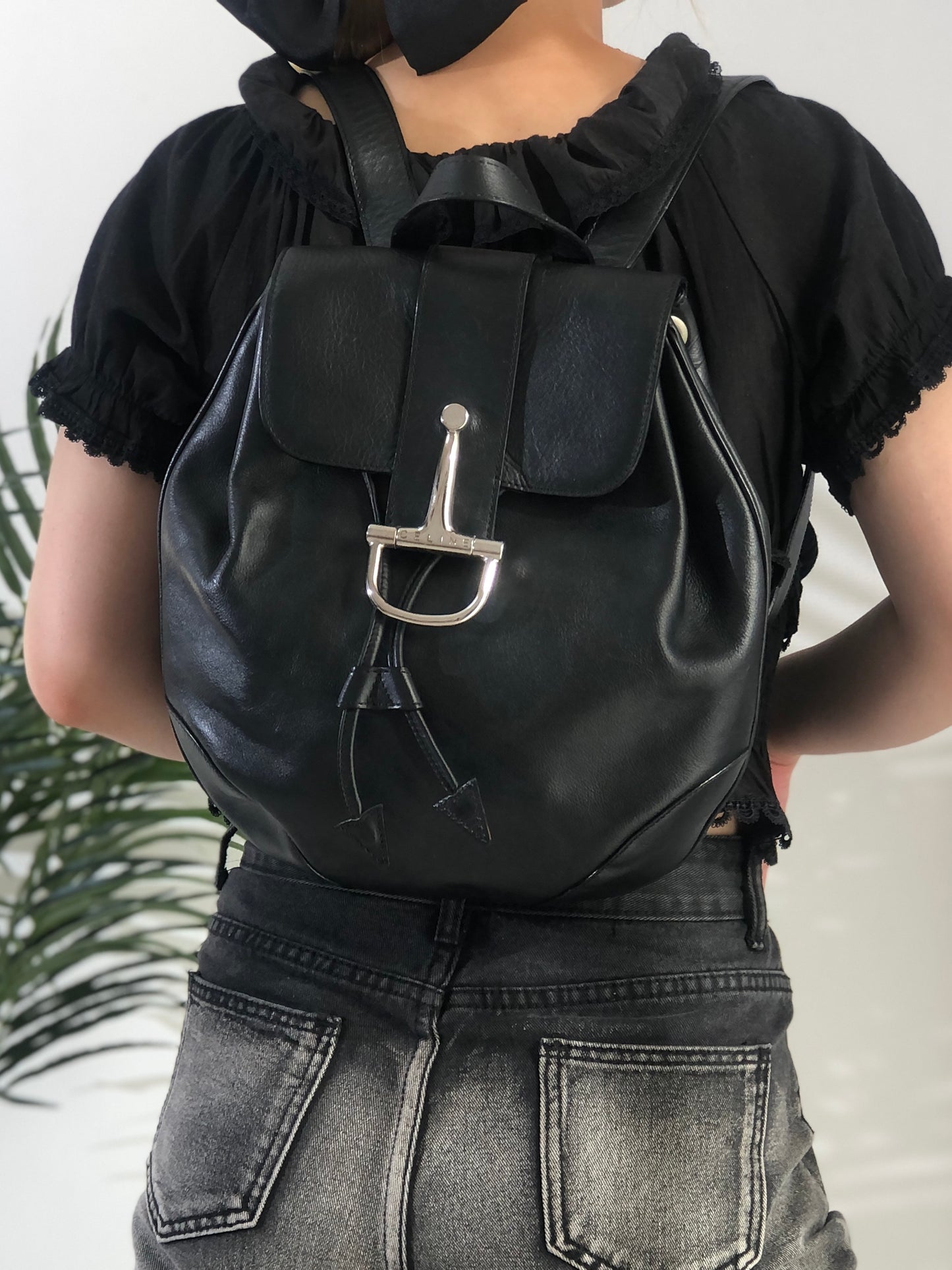 CELINE Horse Bit Leather Backpack Black Vintage fp635u