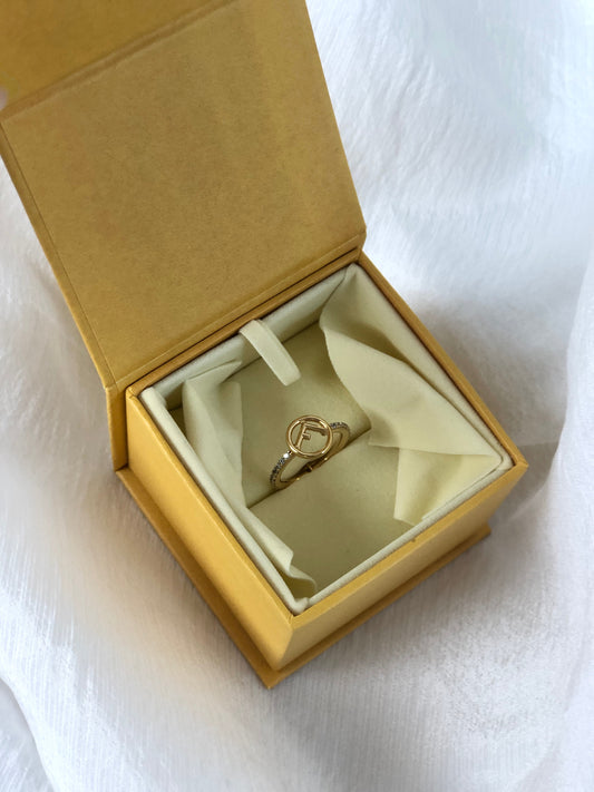 FENDI Logo Rhinestone Ring Gold Vintage 6gs24t