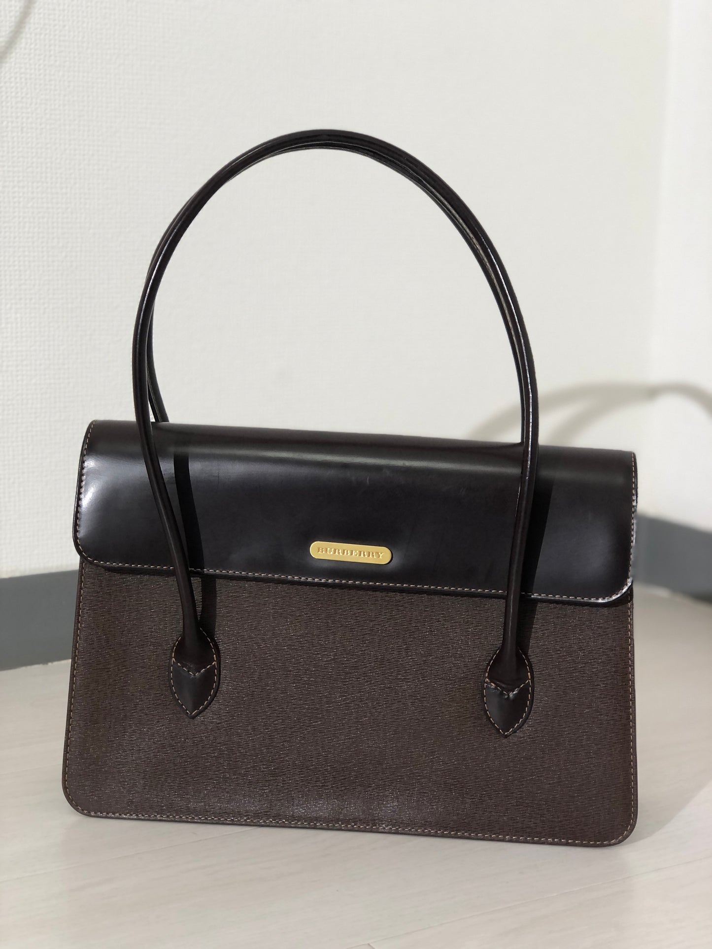 Burberrys Logo Leather Handbag Brown Vintage yxhneg