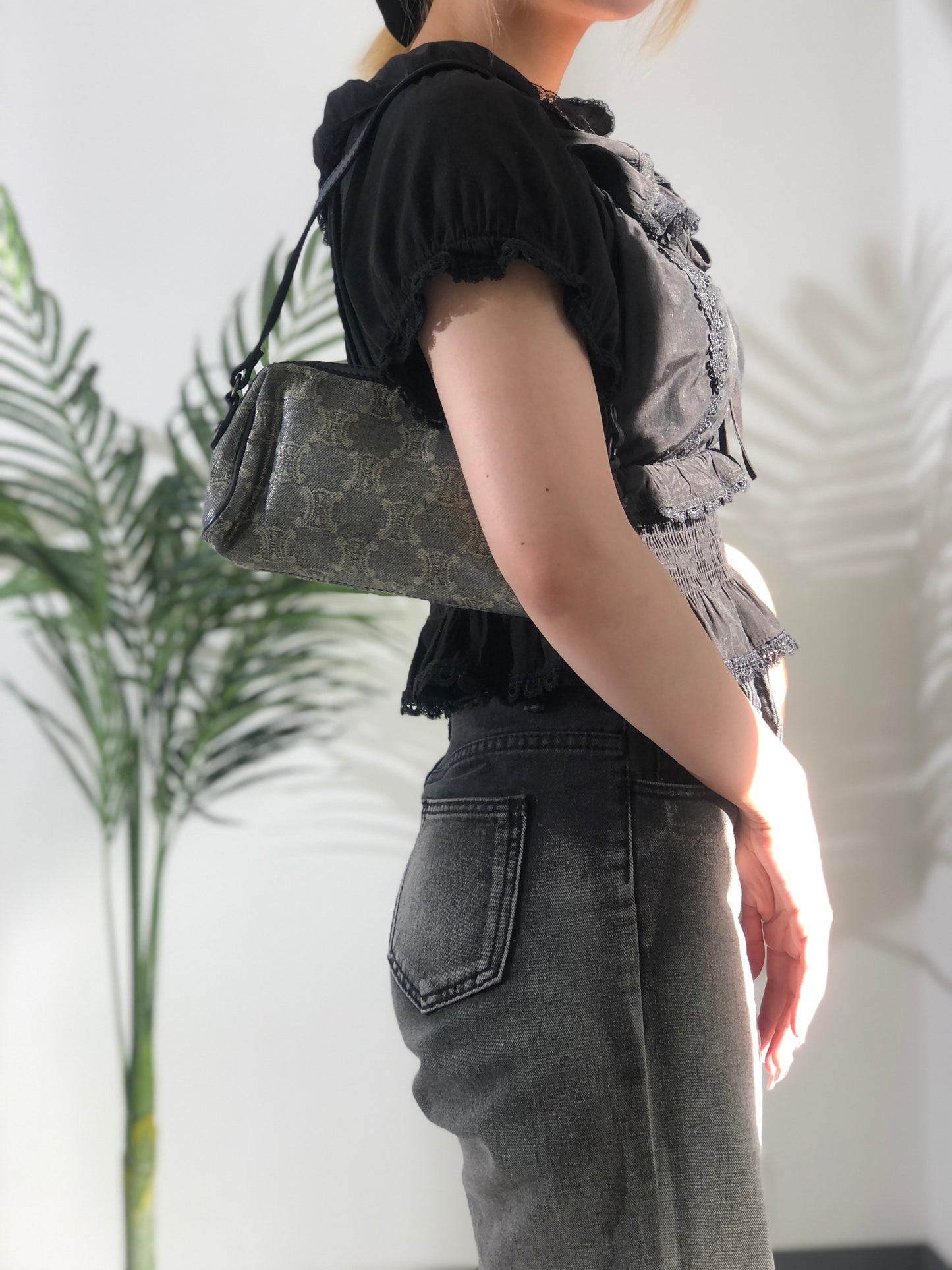 CELINE Paris Macadam Denim Hobobag Handbag Light Blue Vintage sb655g