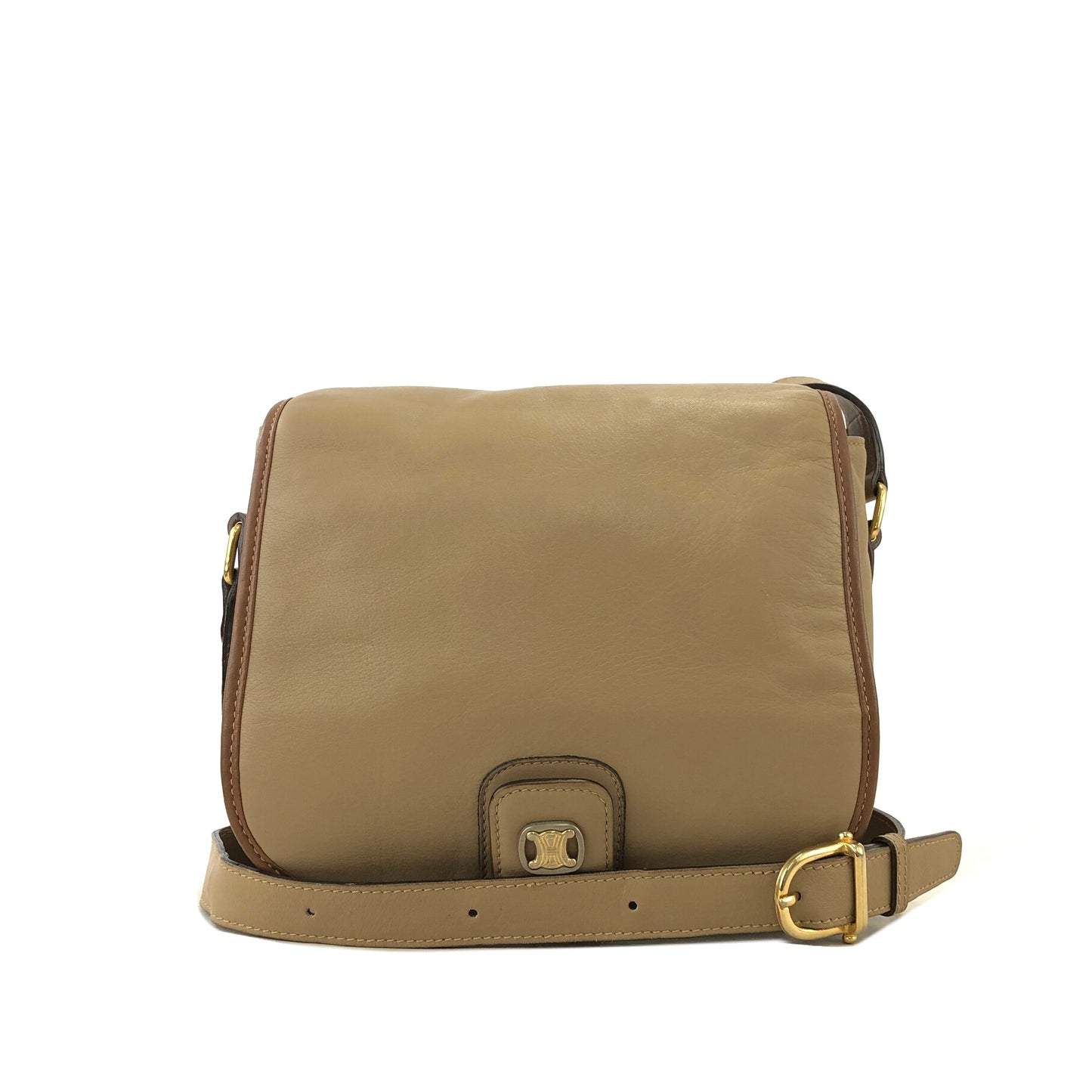 CELINE Triomphe Brown Piping Flap Leather Crossbody Shoulder bag Beige Vintage i8vt8s