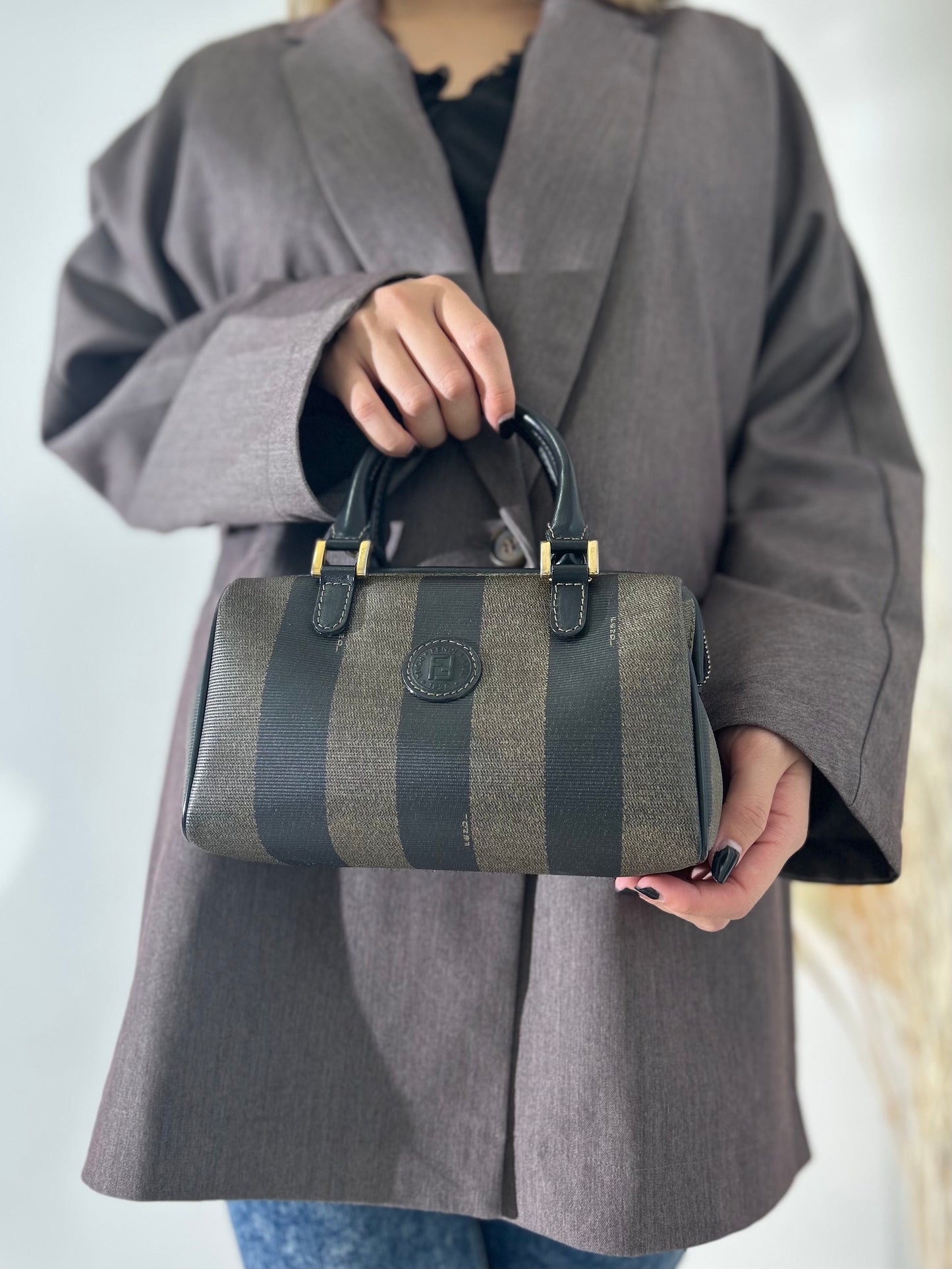 FENDI Zucca Logo Motif Two-way Handbag Shoulder bag Black Brown Vintage dmjg8y