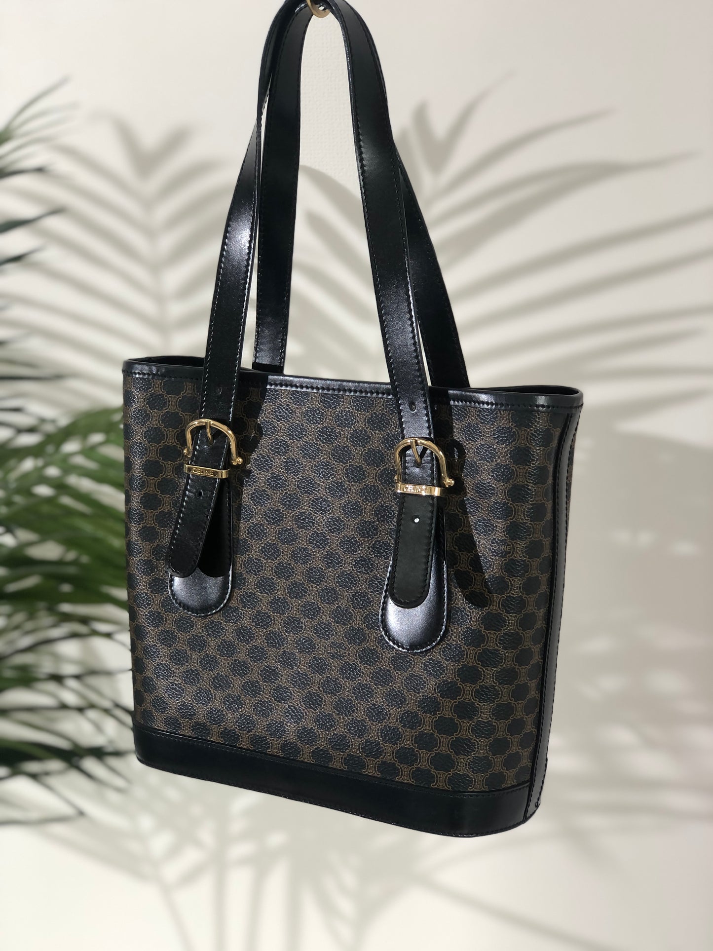 CELINE Macadam Leather Handbag Totebag Black Vintage at6psz