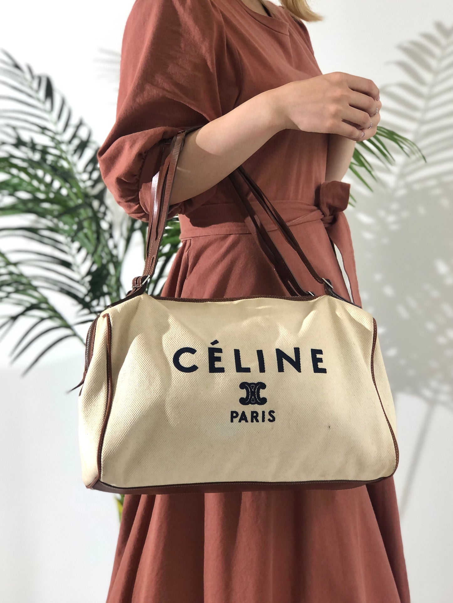 CELINE Logo Canvas Leather Boston bag Handbag Ivory Vintage rxrarg
