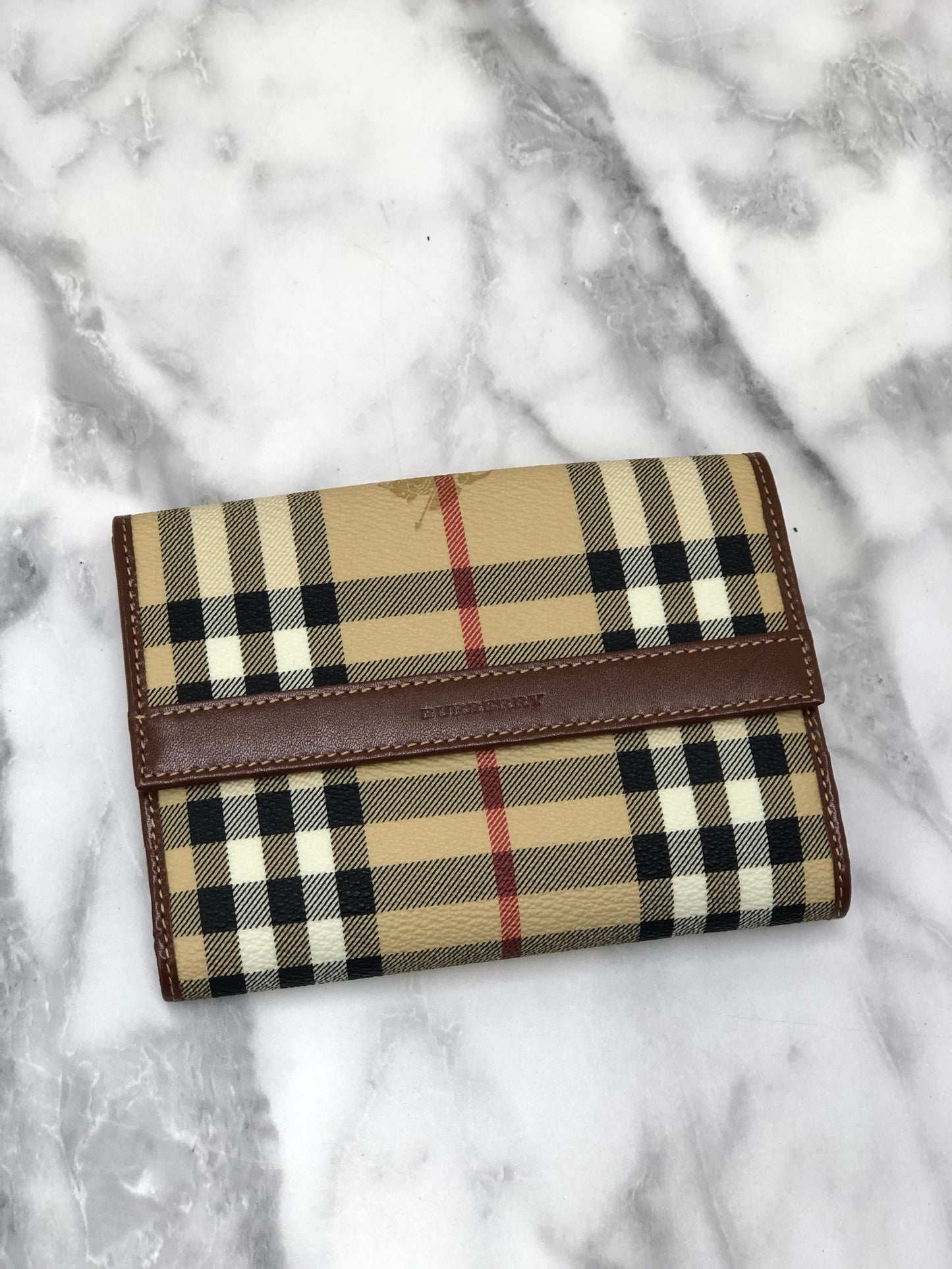 Burberry Nova Check Logo PVC Leather Folded Wallet Beige Vintage y7ama2