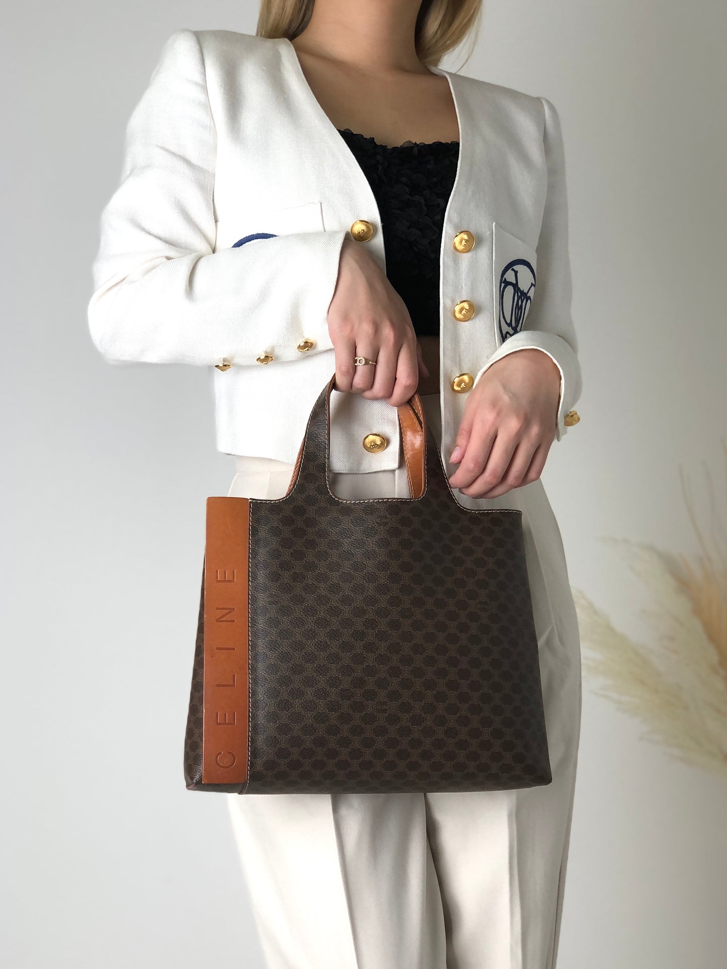 CELINE Macadam Logo Handbag Brown Vintage j4guu8