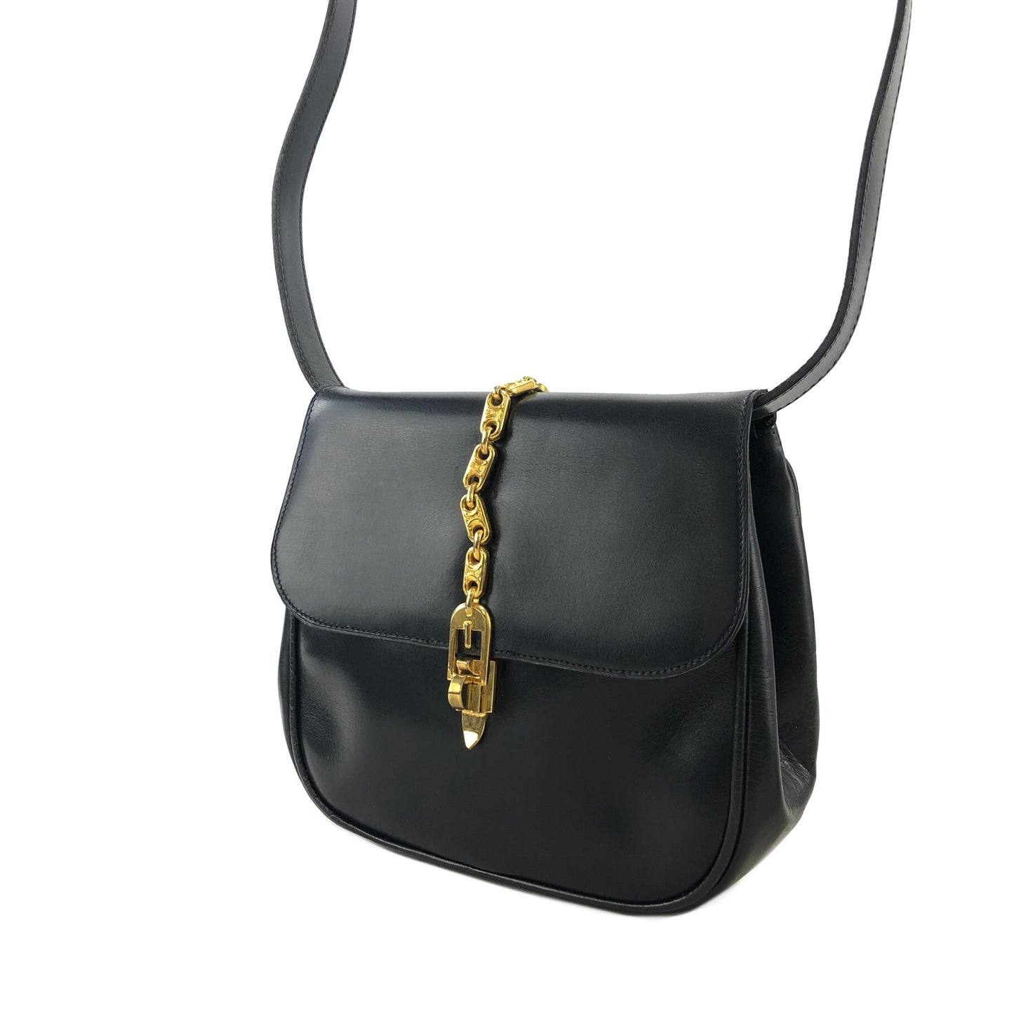 CELINE Triomphe Chain Leather Shoulder bag Navy Vintage admv2k