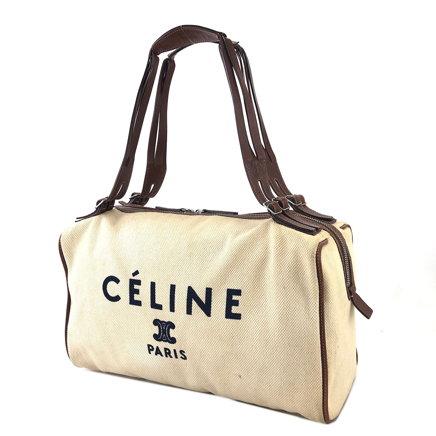 CELINE Logo Canvas Leather Boston bag Handbag Ivory Vintage rxrarg