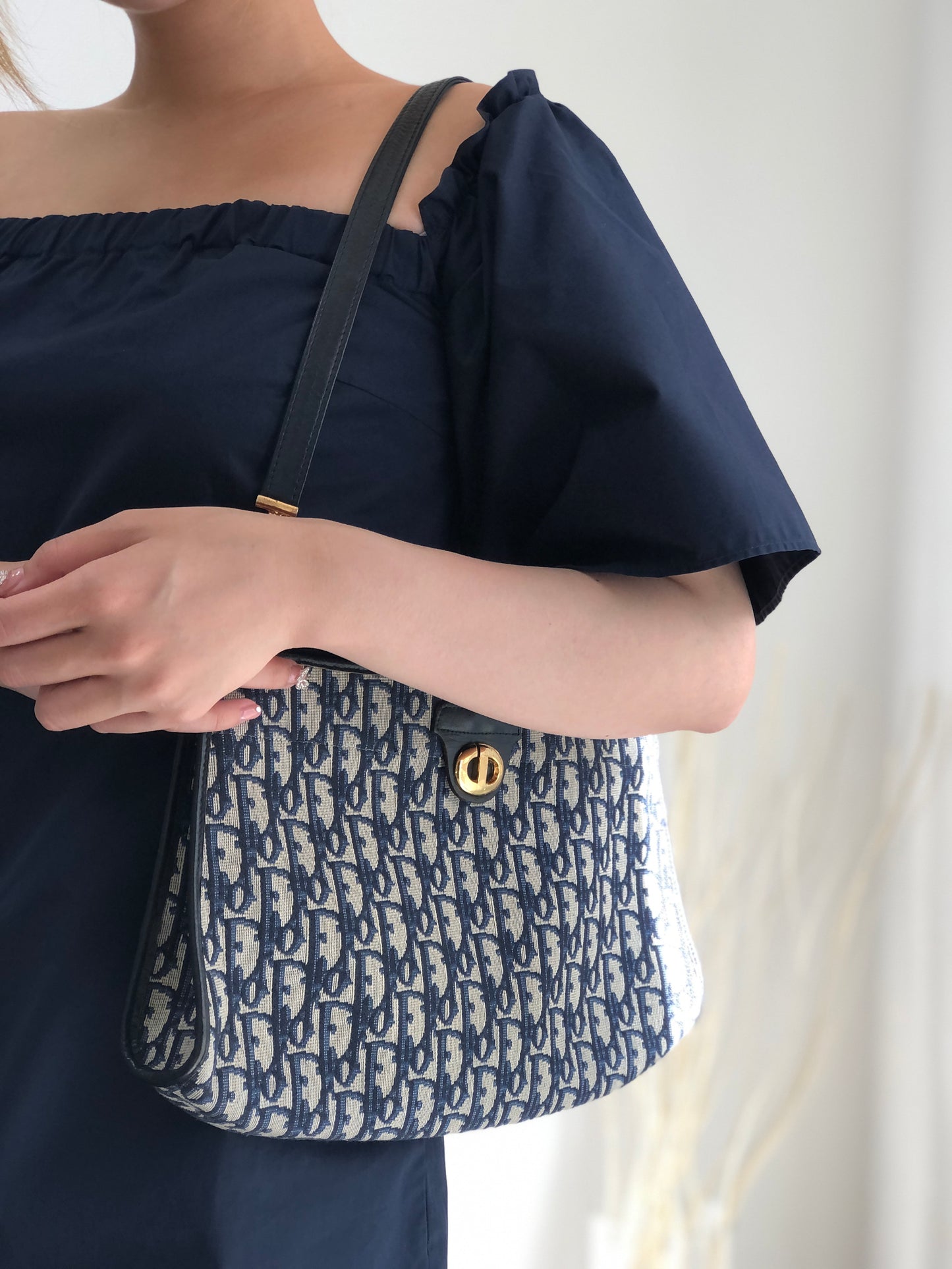 Christian Dior Trotter CD Logo Jacquard Leather Shoulder bag Navy Vintage 5f4tcg